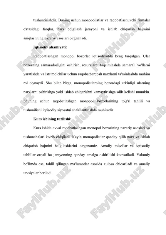 bozorni nazorat qiladi, ammo hech qanday firma bozorning asosiy monopolisti bo‘lmaydi. raqobatlashgan monopol bozorining tarkibiy qismlari: mahsulot yoki xizmatning differensiyasi: raqobatlashgan monopol bozorining asosiy xususiyati bu mahsulotning differensiyasidir. har bir firma mahsulotini boshqalardan farqlashga harakat qiladi. bu, masalan, reklama, dizayn, sifat yoki boshqa xususiyatlar orqali amalga oshiriladi. -4- ko‘p sonli firmalar: bozorda ko‘p firma mavjud bo‘lib, ular o‘z mahsulotlarini sotishga intiladi. bu firmalar bir-biri bilan raqobatlashadi, lekin ular o‘rtasidagi farqlar (masalan, narx yoki sifat) bozorni bo‘lishadi. shu bilan birga, har bir firma o‘zining ma'lum bozor segmentini egallaydi. narx elastikligi: raqobatlashgan monopol bozorida mahsulotlarning narxi o‘zgarishi bo‘yicha iste'molchilarning talabiga sezgir. mahsulotlar bir-biriga o‘xshash bo‘lishiga qaramay, har bir firma o‘z mahsulotiga narxni belgilashda erkinlikka ega. biroq, narxni oshirish iste'molchilarni boshqa firmalarga yo‘naltirishga olib kelishi mumkin. bozorga kirish va chiqish: bozorga kirish va chiqish erkinligi mavjud. yangi firmalar bozorga kirishga, mavjud firmalar esa faoliyatini to‘xtatishga imkoniyatga ega. biroq, mahsulot differensiyasi tufayli bozorda o‘z …