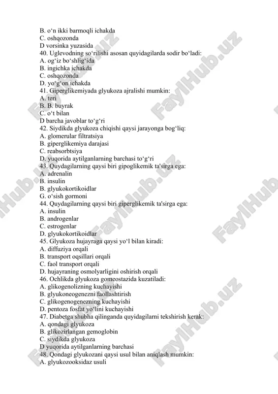 riant c. limfotsitlarga boy bo‘lgan variant d. barchasi 60. leykotsitlar haqida malumot bering. a periferik qonning yadroli geterogen guruxli hujayrasi b. barchasi immunitet funksiyasini fagotsitoz orqali bajaradi c. periferik qonda normal miqdori 4,0-11,0 ming / mkl d. barchasi 61. trombotsitlar haqida malumot bering: a. qon ivishi va fibrinolizda qatnashadi b. angiotrofik funksiyani taminlaydi c. umr davomiyligi 8 kun d. barchasi 62. embriondagi qon yaratuvchi organlar qaysi? a. jigar b. sariq tana c. taloq d. barchasi 63. kattalarda normal mielopoez qayerda kechadi? a. taloqda b. sariq suyak ko‘migi c. qizil suyak ko‘migi d. barchasi 64. limfopoezning markaziy organlari qaysi? a. timus b. limfa tugunlari c. suyak ko‘migi d. taloq 65. limfopoezning periferik organlari: a timus b limfa tugunlari c oshqozon – ichak trakti d taloq 66. erkaklarda umumiy temir miqdori qancha miqdorda bo‘ladi? a 25 mg / kg b 35 mg / kg d 60 mg / kg* c 70 mg …