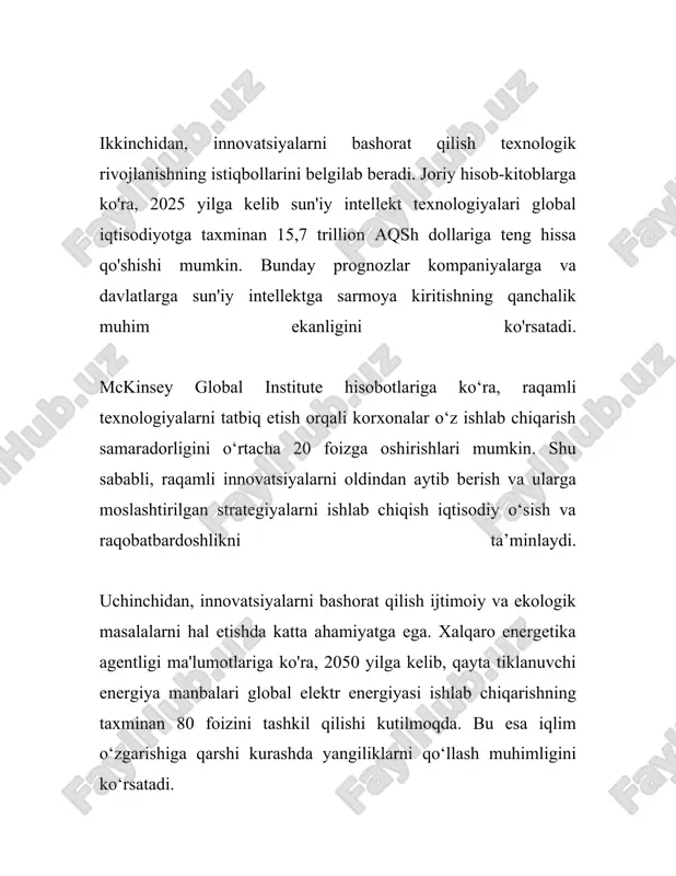 va statistikalar**: dunyo bo'ylab turli tadqiqotlar korxonalar innovatsiyalarni muvaffaqiyatli amalga oshirganida ularning raqobatbardoshlik koeffitsienti oshishini ko'rsatadi. masalan, mahsulot innovatsiyalari natijasida kompaniyalar yangi bozorlarga chiqish va mavjud bozorlarda o'z ulushlarini oshirish imkoniyatiga ega bo'lishadi. jarayon innovatsiyalari esa samaradorlikni oshirish, ishlab chiqarish xarajatlarini kamaytirish va sifatni yaxshilash orqali foydani oshishiga olib keladi. 4. **innovatsiyaning iqtisodiy va ijtimoiy ta'siri**: innovatsiyalar mamlakatning iqtisodiy rivojlanishiga katta hissa qo'shadi. jahon iqtisodiyotida innovatsiyalar ulushi ortib borar ekan, ilg'or texnologiyalar ishlab chiqarilishi va yangi xizmat turlari yaratilishi orqali iqtisodiy o'sishga imkon beradi. shuningdek, innovatsiyalar o'zlaridan keyingi avlodlar uchun qulay sharoit yaratishni ta'minlaydi va ushbu jarayonda yangi ish o'rinlari tashkil etiladi. 5. **innovatsion faoliyatning asoratlari**: innovatsiyalarni joriy etish jarayonida ba'zi qiyinchiliklar mavjud. misol uchun, texnologik o'zgarishlarga moslashishda qiyinchiliklar, xodimlar uchun yangi ko'nikmalarni o'zlashtirish zarurligi, xilma-xil moliyaviy resurslar zaruriyati kabilar. shu bilan birga, innovatsiyalar ko'pincha qilingan sarmoyaning darhol samarasini ko'rsatmasligi, uzoq muddatli strategik yo'naltirilganlikni talab qilishi qiyinchilik tug'diradi. korxonalarda innovatsion …