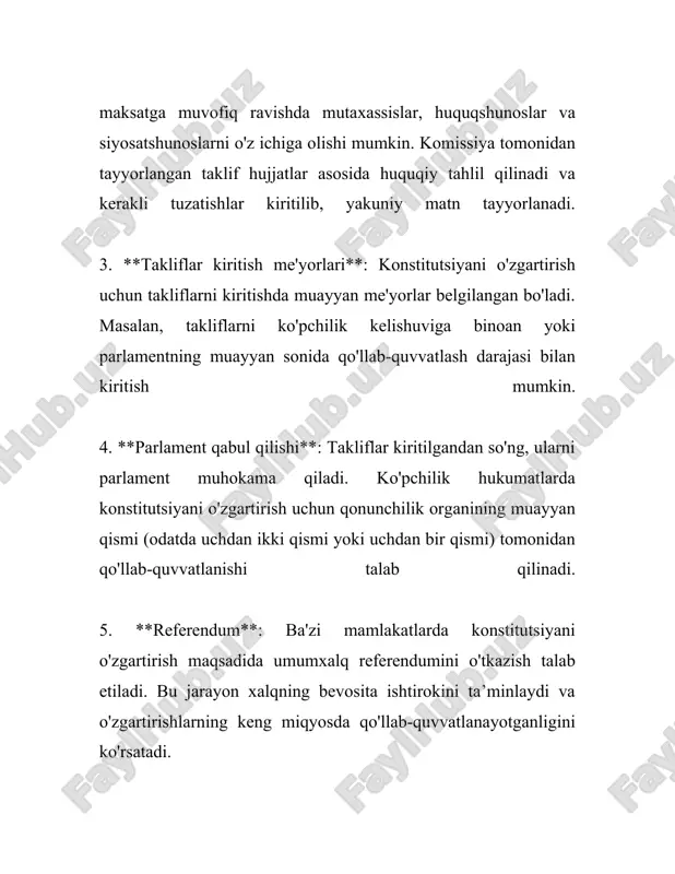 ishlar jamoatchilik tomonidan referndum orqali tasdiqlanishi ham mumkin. agar qo'llab-quvvatlanadigan ovozlar yetarli bo'lsa, loyiha rasman qabul qilinadi va kuchga kiradi. beshinchi bosqich – qabul qilingan konstitutsiyaviy o'zgartirishlarni amalga oshirish. bu jarayon yangi qonunlarni qabul qilish, mavjud qonunlarni o'zgartirish va davlat idoralarining faoliyatini yangi talablar asosida qayta tashkil etishni o'z ichiga oladi. o'zgartirishlarning samaradorligini ta'minlash uchun ularning bajarilishi ustidan muntazam nazorat olib boriladi. konstitutsiyaviy o'zgartirishlar loyihasi tayyorlash jarayonida ko'p miqdorda inson resurslari va boshqa manbalar safarbar etiladi. loyihani muvaffaqiyatli yakunlash uchun tahliliy materiallar, ekspertlash xulosalari va jamoatchilik fikrlari keng o'rganilib, tahlil qilinadi. yevropada xavfsizlik va hamkorlik tashkiloti (yxxht) va boshqa xalqaro tashkilotlarning ekspertlari ham qimmatli tavsiyalar berishadi. yuqoridagi bosqichlar fuqarolarni ishonchli davlat boshqaruviga jalb etish, fuqarolik jamiyati institutlarini mustahkamlash va jamiyatdagi turli toifalar o'rtasida ishonchni mustahkamlashga ko'maklashadi. bular konstitutsiyaviy o'zgartirishlar loyihasining asosiy maqsadlari hisoblanadi. bugungi kunda ko'plab davlatlar rivojlanish strategiyasini amalga oshirishda ushbu jarayonlarga alohida e'tibor qaratmoqda. 3. o'zgartirishlarni parlamentda muhokama …