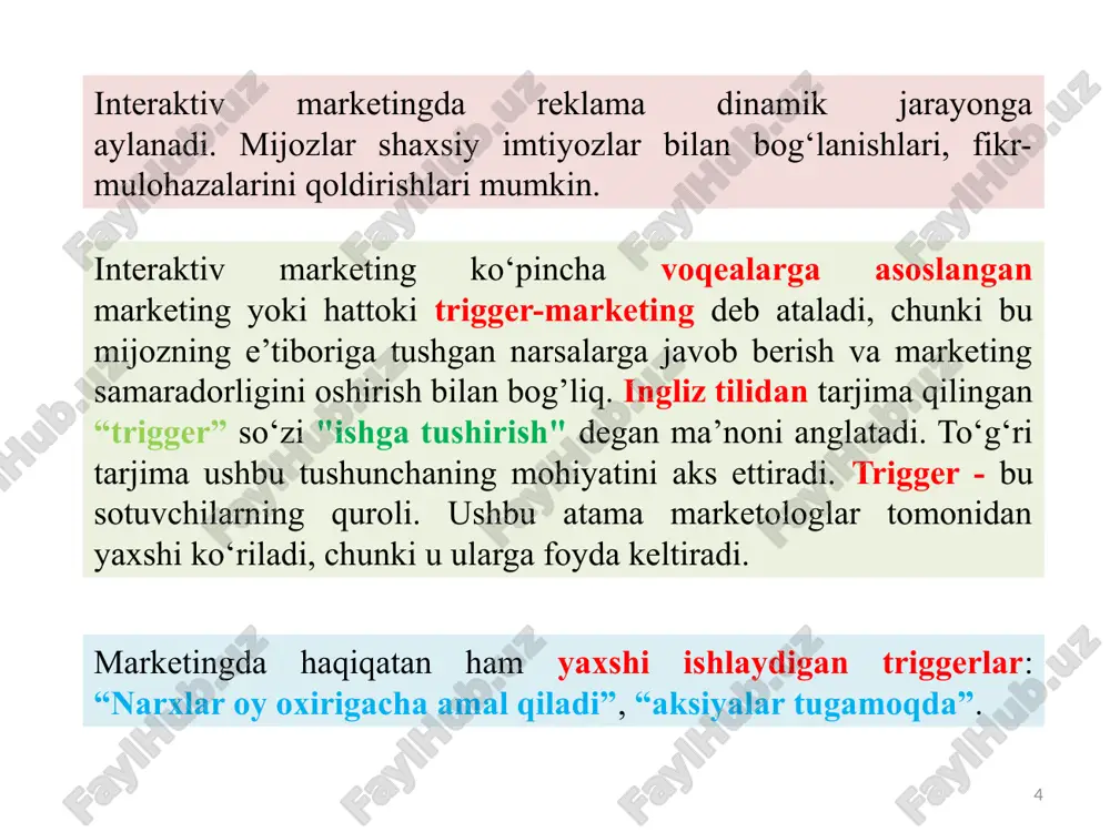 katga keltiruvchi kuchni aniqlang. buning eng yaxshi usuli so‘rovlar va ma’lumotlarni tahlil qilish orqali amalga oshiriladi. harakatga keltirish uchun marketing jarayonini aniqlang. tizimingizni sozlang. baholash. u ishlayaptimi? sizning interaktiv marketing tizimingiz ko‘proq sotuvga olib keladimi? sizga shikoyatlar yoilashmoqdami? 9 13.3. interaktiv marketingni qanday tashkil qilish kerak interaktiv marketing shakllari 10 qidiruv mexanizmi marketingi e-pochta marketingi homiylik bu saytni optimallashtirishdan, qidiruv natijalarida yuqoriroq ko‘rinadigan tarzda, maqsadli reklamalarni natija sahifalari tomonlariga joylashtirishdan iborat. e-pochtada reklamalar, takliflar va bildirishnomalarni yetkazib berish mijozlar bilan muloqot qilishning samarali va iqtisodiy usulidir. onlayn mijozlar bilan hamkorlikda ishlaydigan kompaniyalar bilan hamkorlik yangi mijozlar bilan aloqa qilishning ajoyib usuli hisoblanadi 11 blogging vidjetlar nishonlash kulgili, qisqa formada blog postlari mijozlarga yangi mahsulotlar, maxsus bitimlar va brendning ortida turgan madaniyat haqida ma'lumot berishga yordam beradi markali oddiy yuklab olinadigan vositalar bu tovar uchun qo'shimcha qiymat yaratishning ajoyib usuli hisoblanadi facebook va twitter kabi saytlar millionlab foydalanuvchilarga ega va mijozlar …