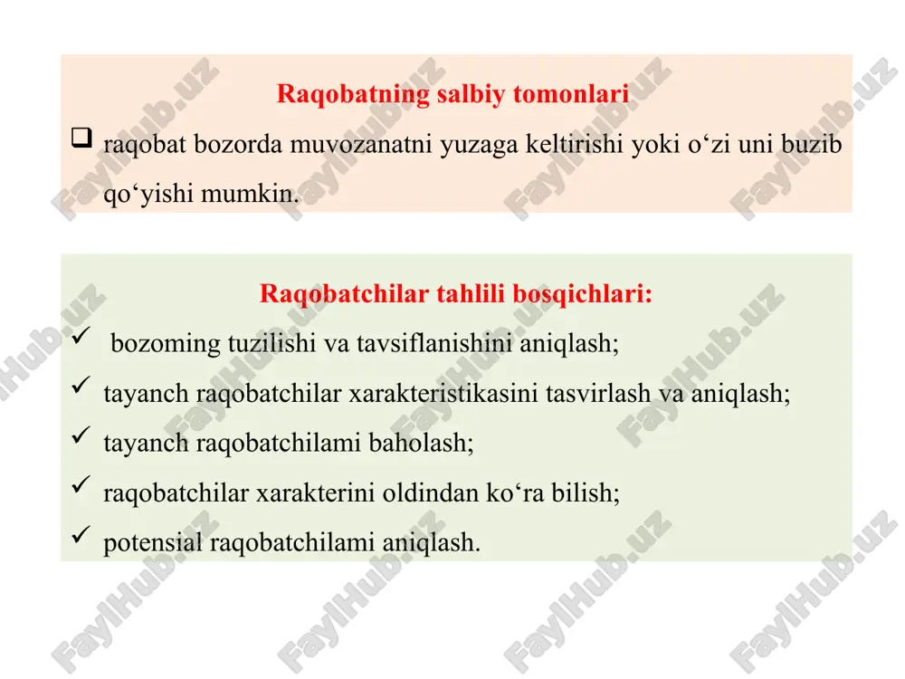b turuvchi sifatlarni taklif eta olmaydi. ichki raqobatli ustunlik firmaga ko‘proq rentabellik keltiruvchi va uni sotuv narxlarining bozor yoki raqobat tomonidan pasaytirilishiga ko‘proq darajada bardoshli qiluvchi yuqoriroq “unumdorlik” oqibatidir. ichki raqobatli ustunlikka asoslangan strategiya xarajatlar bo‘yicha ustunlik strategiyasi bo‘lib, u asosan firmaning tashkiliy va ishlab chiqarish “nou-xau”siga asoslanadi. 8.5. raqobatbardoshlikning mazmuni va shakllari raqobatbardoshlik kompaniyada aniq raqobatli ustunlikni mavjudligi va ushbu ustunlikdan raqobat kurashida foydalanish qobiliyatidir raqobatbardoshlik ko‘p darajali shakllarga ega: tovarning raqobatbardoshligi; xodimning raqobatbardoshligi; tovar ishlab chiqaruvchining raqobatbardoshligi; tarmoqning raqobatbardoshligi; mamlakatning raqobatbardoshligi (yoki milliy iqtisodiyotning raqobatbardoshligi). raqobatbardoshlikka ta’sir etuvchi omillar: raqobatchi firmalar soni raqiblar harakatlarining diversifikatsiyalashuvi darajasi bozordagi talab hajmini o‘rganish mahsulotni tabaqalashuvi darajasi iste’molchining bir ishlab chiqaruvchidan boshqasiga ko‘chish harakatlari bozordan chiqib ketish to‘siqlari va ularning darajasi bozorga kirib kelish va uning darajasi yondosh tarmoq bozorlaridagi vaziyat raqiblar strategiyasidagi farqlar 8.6. raqobat konsepsiyasi maykl porter tomonidan 1982 yili kiritilgan kengaytirilgan raqobat konsepsiyasining mazmuni shuki, firmaning asosiy bozordagi raqobatli …