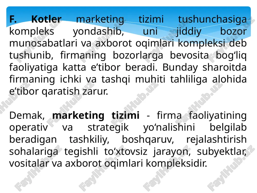 lmagan ishtirokchilaming piramida tuzilmasini o ‘z ichiga oladi, ular piramidada yoki ular ostida bo‘lgan odam sotuvni amalga oshirganda pul to‘lashadi. tarmoqli marketing mahsulot ishlab chiqaruvchi tomonidan beriladigan mukofot evaziga distribyuterlar va sotish tizimini tashkil etish demakdir. asosiy ish ko‘rsatkichi natijasi bo'lib sotish hajmi hisoblanadi. tarmoqli marketing orqali tovar sotish, oddiy tovar sotishdan farq qiladi. mazkur tizimda ishlash uchun eng avvalo tovar xususiyatlarini chuqur va mukammal bilish talab etiladi yoki oldin o‘zi xarid qilib iste’mol qiymatini sinab ko‘rish lozim. tarmoqli marketing tizimida, birinchi navbatda, tanishlarga va qarindoshlarga sotishdan boshlanadi. neyromarketing-- tijorat marketing kommunikatsiyalari sohasi bo‘lib, marketing tadqiqotlarini o ‘tkazishda, iste’molchilarni bilishni va marketing stimullariga javobini o‚rnatishda neyropsixologiyani qoilaydi. neyromarketing iste’molchilar xarid qilish qarorlari va ularning marketing stimullariga bo‘lgan javoblarini tushunishga intiladi. marketologlarga potensial foyda yanada samarali marketing strategiyalarini shakllantirish, kamroq mahsulot va kompaniya muvaffaqiyatsizligi, odamlarning real xohish va istaklariga mos mahsulotlarni taklif qilishni o ‘z ichiga oladi. neyromarketing, benchmarketing, innovatsion marketing …