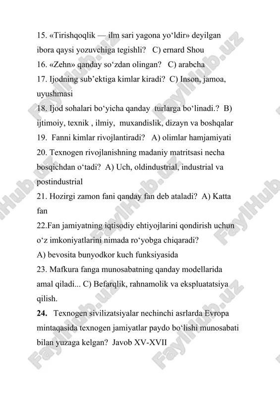 bir qancha kerakli adabiyotlarni ham tavsiya qiluvchi tajribali pedagog va olim. 41. dissertatsiya so‘zi lotincha «dissertatio» so‘zidan olingan bo‘lib……, a) so‘zma-so‘z tarjima qilganda «fikrlash», «tadqiqot» degan ma’nolarni anglatadi. 42. ilmiy maqola – a) aniq muammoga bag‘ishlangan, tugallangan va mantiqiy butun asa 43. imrad – b) ingliz tilidagi ilmiy diskurs foydalaniladigan maqola tuzilishi 44. tezislar – b) qisqacha shakllantirilgan ilmiy qoidalar, ilmiy ish, maqola, ma’ruza, kurs ishi yoki diplom ishining tayyor mahsuli 45. xirsh indeksi b) ilmiy ishlarning soni va ulardagi iqtiboslarning soniga asoslangan, olimlar samaradorligining miqdoriy tavsifidir. 46. “magistr” - (lotincha, magister) mohiyatan…………. ma’nosini anglatadi. a) o‘z ishining ustasi “47. magistrlik dissertatsiyasi matnini............ sahifadan oshmasligi kerak. c) 90-100 48. magistrlik dissertatsiyasi matniga titul varaq, mundarija, foydalanilgan adabiyotlar ro‘yxati, shartli belgilar va atamalar ro‘yxati hamda ilovalar ko‘rsatilgan hajmga kiritiladimi? b) ha kiritiladi 49. magistrlik dissertatsiyasi kirish qismi nechanchi raqamdan boshlanadi va mazkur betning tartib raqami varaqning qaysi qismida keltiriladi? c) 3 …
