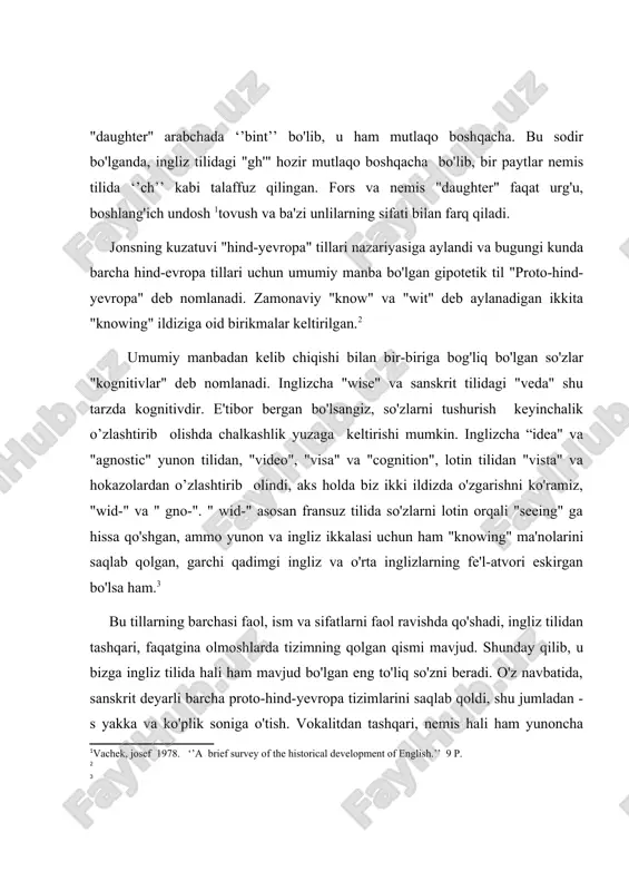 labov , william 1994 ‘’ prinsiples of linguistic change’’] o'rta ingliz tilida quydagicha taassurot shundan iboratki , xuddi lotin tilida "men bilaman" "men bilmayman ‘’ va kabi salbiy, o'rtacha inglizcha "i know" so'zlari noo'rin qollanilib sonda tegishli salbiy manoga ega. , "i don’t know." ushbu ifoda foydalanish ehtimoli zamonaviy tilda yo'qolgan. aynan g'arbiy evropa sprachbundida olamshumul bo'lgan, ayniqsa, oqsoqol (er)’’ kennen’’ farqini yo'qotganligi sababli, ushbu lug'at qo'llanilishining to'xtatilishi olimlarni ham ajablantirmoqda. albatta, g'oyib bo'lgan so'zlarning butunlay yo'q bo'lib ketishi odatiy hol emas. 1980- yildagi vebsterning yangi kolleji diktoriyasida hanuzgacha "arxaik", ya’ni "know" yoki "knew" ma'nolarini anglatuvchi aniq fe'l mavjud. birinchi va uchinchi shaxslarda bu "wot" bo'lib, u "wot, wotted, wotting", asosan’’ brit" deb qayd etilgan, asosiy qismlari bo'lgan muqobil fe'l sifatida alohida yozilgan. shunga qaramay, men bu so'zlarni na nutqda, na yozuvda, ham amerika, ham britaniya tilida ishlatilgani ko'rmaganman. albatta, har xil g'alati narsalar ingliz lahjalarida davom etmoqda, shuning uchun …