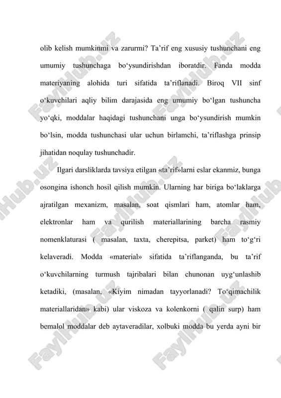 ddalarni tavsiflashga doir mashqlarni bajarganda reja sifatida foydalaniladi. o‘rganiladigan obyekt sifatida o‘quvchilarga ma’lum bo‘lgan biror moddani, masalan, suvni (ruyxatga fizikaviy konstantalarni ham kiritish maqsadida), osh tuzini olish kerak. minerallar ma’ruzasidan tuzning yirik kristallarini olib ko‘rsatish ma’qul. bunday kristallar bo‘lmagan taqdirda mayda kristall tuz solingan bankani stol ustiga qo‘yib, yirik kristallar rangsiz bo‘lishini eslatish zarur. shuningdek, darslikda berilgani kabi, shu darsning o‘zida yoki uy vazifasi sifatida qandni tavsiflashni mashq qildirish kerak, chunki bundan keyingi mavzularda qandning o‘quvchilar uchun yangi tomonlari qayta-qayta tekshiriladi. moddalarning xossalarini tavsiflash ularning xossalarini bilish nima uchun zarur degan masalani ham bir yo‘la oydinlashtirishga imkon beradi. bunday mashqlar kimyo materiali asosida kuzatish, kuzatilgan narsalarni taqqoslash, ulardagi o‘xshashlik va farqni topish malakasini rivojlantirishga birinchi hissa bo‘lib qo‘shiladi, taqqoslash esa narsalarni induksiya orqali bilib olishning dastlabki bosqichi hisoblanadi. bunday mashqlar narsalardagi eng muhim xossalarni ajrata bilish va o‘rganilishi jihatidan u qadar ahamiyatli bo‘lmagan xossalardan diqqatni chetga tortish ( abstraktlash) malakasini …