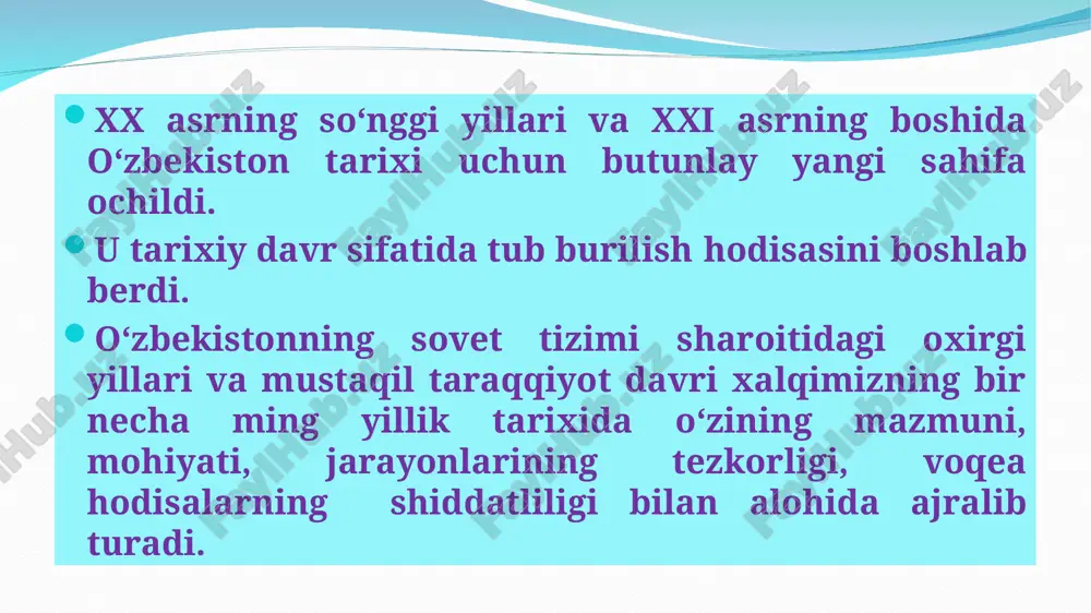 kengashi о‘zbekiston respublikasi fanlar akademiyasi huzuridagi о‘zbekistonning eng yangi tarixi bо‘yicha jamoatchilik kengashiga aylantirish bo’yicha prezident qarori (pq-2789) qabul qilindi. 2017 yil 30 iyunda пқ-3105 “o’zr fa huzurida o’zbekistonning eng yangi tarixi bo’yicha jamoatchilik kengashi” tashkil etildi. 2019 yil 11 iyulda “o’zbekiston tarixi” telekanalini tashkil etish chora-tadbirlari to’g’risida” o’zbekiston respublikasi prezidentining qarori (pq-4390) qabul qilindi. vatanimiz tarixi yoshlarga xalqimizning o`tmishi, tarixi haqida bilim berib qolmasdan balki ulami vatanparvar, insonparvar, ma‘naviy jihatdan komil inson boiib yetishishlarida dastur-amal hisoblanadi. vatanimizni keyingi avlodlarga yanada obod, qudratli, har tomonlama rivojlangan holatda yetkazish davrimizning dolzarb vazifasiga, talabiga aylandi. bu mas‘uliyatli va sharafli vazifani ado etish yoshlarga, ularning ma‘naviy barkamolligiga bog`liqdir