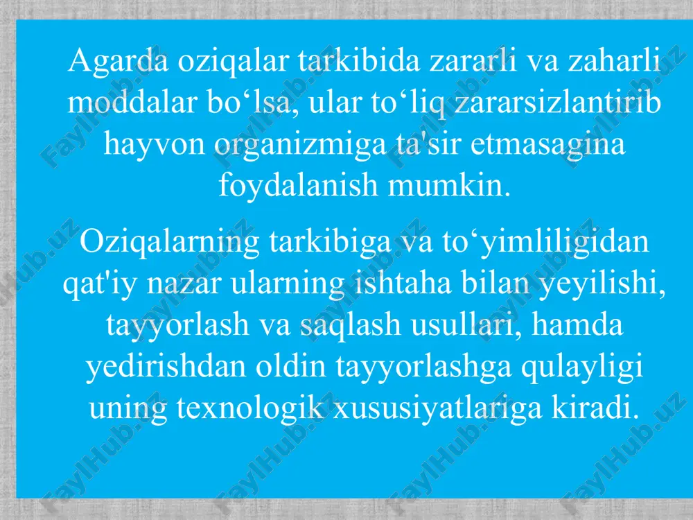 lar kiradi. pichan o‘z tarkibida faqat 15 % namlik saqlab ancha to‘yimli hisoblanadi. pichanlar boshoqli va dukkakli o‘simliklardan tayyorlanadi. olinishiga qarab tabiiy va ekilgan o‘tlardan olinganlariga bo‘linadi. somon boshoqli o‘simliklar doni yanchib olinganidan keyingi chiqindi hisoblanadi. bu oziqalar hajmi kam bo‘lib to‘yimliligi yuqoriligi bilan ajralib turadi. donlarning kimyoviy tarkibiga qarab uglevodlarga boy – boshoqli donlar, proteinga boy dukkakli donlar va protein hamda yog‘ga boy moyli ekinlarning urug‘iga bo‘linadi don oziqalari boshoqli donlar. barcha hayvonlar uchun oziqa sifatida foydalaniladi. uning tarkibi va to‘yimliligi jadvalda keltirilgan. донлар таркиби, % 1 кг озиқада сув протеин ёғ клет чат ка аем кул озуқа бирлиги ҳазмланув-чи протеин, г макка-жўхори 13 10,4 4,1 2,2 68,7 1,6 1,34 78 арпа 13 10,1 2,1 4,0 68,0 2,8 1,21 81 сули 13 11,0 4,7 9,8 58,2 3,4 1,0 85 буғдой 13 13,1 2,3 2,7 67,2 2,2 1,18 90 жўхори 13 11,2 3,7 9,2 56,6 9,2 0,95 79 dukkakli donlar. …