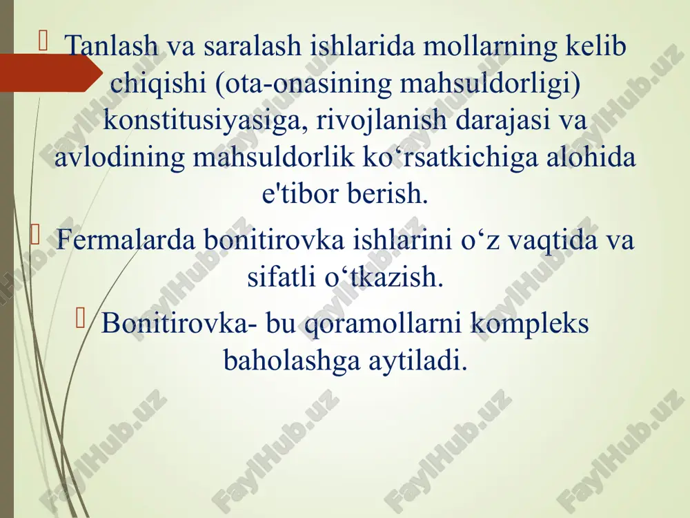 olarini tashkil qilindi. qoramolchilikda sun'iy urug‘lantirishni tiklandi. yosh nasldor mollarni to‘g‘ri o‘stirishni tashkil etildi. chet ellardan zotdor mollar, ularning urug‘larini olib kelishni tashkil qilindi. uni o‘tkazishda mollarning zotdorligi, kelib chiqishi, mahsuldorligi, o‘sish va ulg‘ayishi, ekster'eri va konstitusiyasi, avlodning sifati, ularning pushdorligi va hakozo belgilari kompleks baholanadi shu boisdan birinchi navbatda davlat naslchilik birlashmasi va o‘znaslxizmat korxonalarining faoliyatini jonlash-tirish, ularni fermer – naslchilik xo‘jaliklari bilan ishlarini tashkil qilish kerak. zotlar bo‘yicha kengash mavjud zotlarni takomillashtirish bo‘yicha naslchilik ishlarini yaxshi tashkil qilish va rejaga muvofiq yuritish maqsadida respublikada zotlar bo‘yicha kengashlar tuzilgan. yuqorida qayd etilgan barcha chora tadbirlar aholining oziq-ovqat mahsulotlariga va sanoatining xom-ashyoga bo‘lgan talabini to‘laroq qondirish maqsadida chorva mollari zotini takomillashtirishga ularning mahsuldorligini oshirishga qaratilgandir. e'tiboringiz uchun rahmat!