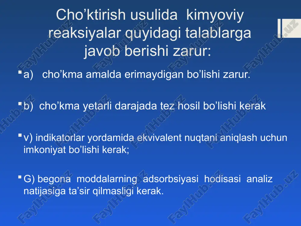 ammoniyli achchiqtosh nh4fe(so4)2• 12h2o ishtirokida bajariladigan reaksiyaga asoslangan. tekshirilayotgan eritmaning ma’lum miqdordagi qismiga aniq o’lchangan hajmdagi kumush nitratning titrlangan eritmasi quyiladi. bunda qo’shiladigan kumush nitrat eritmasining miqdori, xlorid cl- ionlarini to’liq cho’ktirishga zarur bo’lgan hajmdan bir muncha ko’p bo’lishi kerak. reaksiyaga kirishmay qolgan kumush nitratning ortiqchasi ammoniy rodanid(yoki kscn )ning aniq titrli eritmasi indikator (fe3+ ionlari) ishtirokida titrlanadi: ag++ scn- —►agscn↓ cho’ktirish reaksiyasining nihoyasiga yetganligi indikatorlar yordamida aniqlanadi. temir –ammoniyli achchiqtosh nh4fe(so4)2•12h2o ning to’yingan eritmasi indikator sifatida ishlatiladi. (fe3+ ionlari eritmada gidrolizga uchrashga yo’l qo’ymaslik uchun eritmaga 2-3 tomchi hno3 qo’shish kerak). eritmada kumush ionlari bo’lganda rodanid scn- ionlari (nh4scn xolida) qo’shilganda kumush rodanid agscn ning suvda eriydigan oq cho’kmasi hosil bo’ladi. kumushning barcha ionlari rodanid ionlari bilan bog’lanib bo’lgan zahoti, ya‘ni ekvivalent nuqtasiga yetganda keyingi qo’shilgan snc- rodanid ionlari fe3+ bilan ta‘sirlashib temir rodanid hosil qila boshlaydi. titrlash ana shunda to’xtatiladi. fayans usuli fayans usuli (adsorbsion indikatorlar bilan titrlash) …