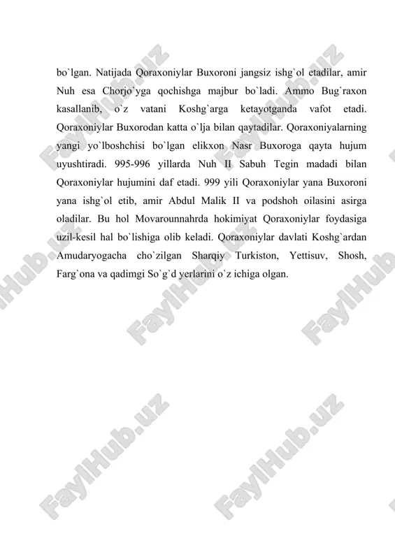 shi chiqish edi. nuh shubhasiz, bundan bosh tortadi va farmoyish yuborib, sobuqtakinni buxoroga chaqirtiradi bunga javoban sobuqtakin qo'shin yuborib buxoroni egallaydi. so'ngra u qoraxoniylar bilan muzokaralar olib boradi. natijada ular o'rtasida shartnoma tuzilib, unga muvofiq sirdaryo havzasi qoraxoniylar qo'liga o'tadi. sobuqtakin esa amudaryodan janubdagi yerlar, shu jumladan xurosonga hukmdor bo'lib oladi. somoniylarga movarounnahrning markaziy qismigina beriladi, xolos. biroq, ko'p vaqt o'tmay qoraxoniylar buxoroni bosib oladilar. garchi somoniylar to 1005-yilgacha samarqand va buxoroni qaytarib olishga uringan bo'lsalarda ammo 999-yilda buxoroning nasr eloqxon tomonidan zabt etilishi bilan somoniylar hukmronligi barham topgan edi. shunday qilib x asr oxirida somoniylar davlati o'rnida ikkita yangi davlat tashkil topdi: biri koshg'ardan amudaryogacha cho'zilgan sharqiy turkistonning bir qismini, yettisuv, shosh, farg'ona va qadimgi sug'dni o'z ichiga olgan qoraxoniylar davlati bo'lsa, ikkinchisi shimoliy hindistondan kaspiy dengizining janubiy qirg'oqlarigacha bo'lgan viloyatlarni qamrab olgan g‟aznaviylar davlati edi. qoraxoniylar davlatining ikkiga ajralishi garchi amudaryo bu ikki turk davlatlari o'rtasidagi chegara deb …