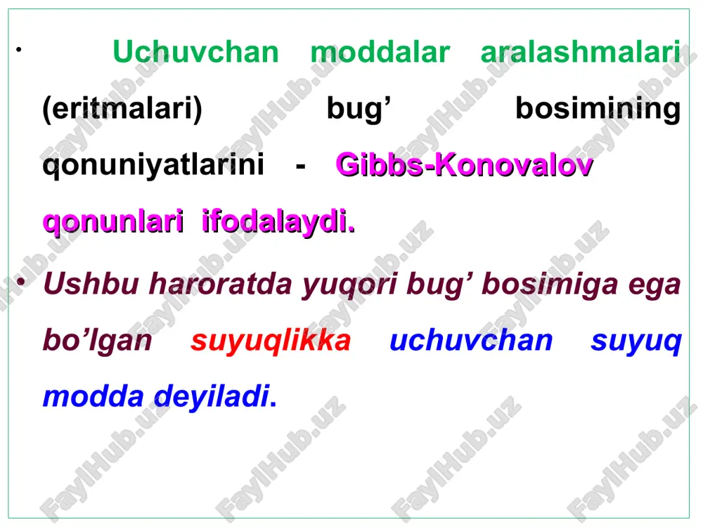 mi flegma deyiladi, u kolonnaning yuqori qismi normal ishlashini ta’minlaydi); 11-kondensatning qolgan qismini yig’gichga yig’ib olish uchun mo’ljallangan nay. xaydash amalda laboratoriya sharoitida deflegmatordan foydalaniladi (vi.14-rasm). sanoatda suyuqliklar aralashmasini haydash uchun rektifikasion kolonnalar ishlatiladi (vi.15-rasm). eng ko’p tarqalgani likopchali kolonnalardir. kolonnalardagi likopchalar soni qanchalik ko’p bo’lsa, rektifikasiya jarayoni shunchalik samarali bo’ladi. usulning ajratish qobiliyati 3 ta faktorga bog’liq bo’ladi: 1. ajratish koeffisienti (α); 2. kolonnaning likopchalari soni; 3. har bir likopchaning samaradorligi.