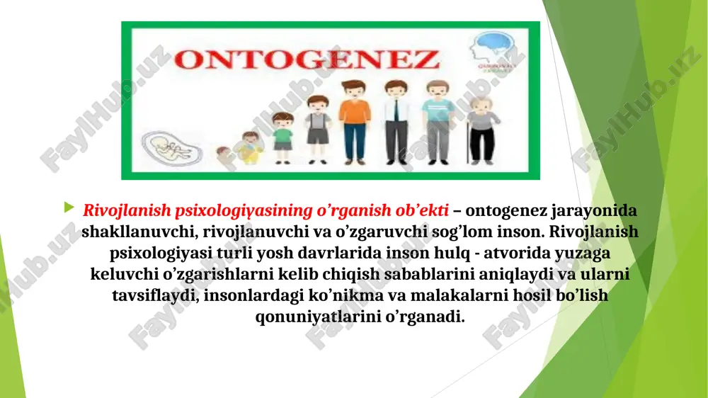 artlarga rioya qilishni talab etadi oʻtkazilgan suhbatning mavzusi va mazmuni sinaluvchining taraqqiyot darajasi hamda yosh xususiyatlariga mos boʻlishi kerak suhbat paytida sinaluvchilarga berilgan savollar mazmunan yaxshilab oʻylab olinishi lozim sinaluvchilar zerikib yoki toliqib qolmasliklari uchun suhbat haddan tashqari choʻzilib ketmasligi lozim suhbat paytida berilgan savollarga “ha”, “yoʻq” kabi qisqa tarzda emas, balki batafsil javob olishga erishish kerak * * soʻrovnoma metodi psixologiyada keng qoʻllaniladigan metodlardan biridir uning yordamida turli yoshdagi odamlarning psixologik xususiyatlari narsa va hodisalarga munosabatlari oʻrganiladi. soʻrovnoma odatda 3 xil tuzilishda boʻladi. ularning birinchisi anglangan motivlarni aniqlashga moʻljallangan savollardan tuziladi. ikkinchi xilida har bir savolning bir nechtadan tayyor javoblari beriladi. uchinchi turida sinaluvchiga yozilgan toʻgʻri javoblarni ballar bilan baholash tavsiya etiladi. * nazorat savollar: rivojlanish psixoligiyasining fan sifatidagi ta'rifi rivojlanish psixoligiyasining nazariy va amaliy vazifalari rivojlanish psixologiyasining predmeti “ontogenez” tushunchasiga ta`rif bering. rivojlanish qanday jarayon? rivojlanish sohalari haqida ma`lumot bering shaxs rivojlanishiga ta`sir etuvchi omillar haqida ma`lumot bering? …