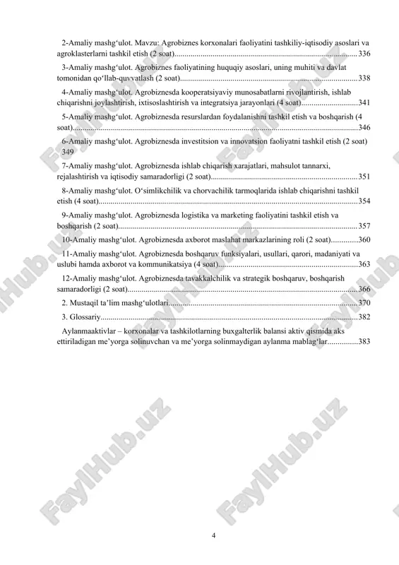 tushunchalar va uning mezonlari 323 4. boshqaruv samaradorligi koʻrsatkichlari 325 5. boshqaruv tizimi samaradorligini hisoblash usullari 327 1-mavzu. “agrobiznesni tashkil etish va boshqarish” fanining predmeti, oʻrganish usullari va vazifalari reja: 1. “agrobiznesni tyashkil etish va boshqarish” fanining predmeti, maqsadi, usullari va vazifalari. 1. qishloq xoʻjaligining respublika ijtimoiy iqtisodiyotida tutgan oʻrni va ahamiyati. 1. iqtisodiyotni modernizatsiya qilish sharoitida agrar sohani rivojlantirish yoʻllari. 1. agrobiznesni tashkil etish va boshqarish fanining oʻrganish usullari. tayanch iboralar: qishloq xoʻjaligi, agrar soha, fanning predmeti, maqsadi, usullari, vazifalari. agrobiznes. kichik biznes va tadbirkorlik. tadbirkorlik. xususiy tadbirkorlik. 1. “agrobiznesni tashkil etish va boshqarish” fanining predmeti, maqsadi, usullari va vazifalari. oʻzbekiston respublikasining agrar sohasi ishlab chiqarish miqdori, aholining bandligi, eksport quvvati boʻyicha iqtisodiyotining yirik sohasi hisoblanadi. aholining farovonligi va iqtisodiyotning boshqa sohalarining rivojlanishi agrar sohaning holati, uning rivojlanish darajasiga bogʻliq. qishloq xoʻjaligini isloh qilish muammosini hal etmay turib, butun iqtisodiy islohotlarni muvaffaqqiyatli davom ettirishimiz mumkin emas. bunga erishish uchun …
