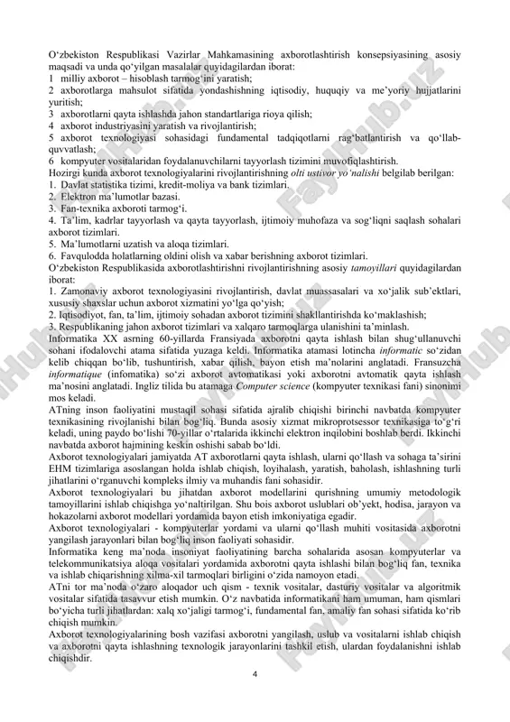 idagi fundamental tadqiqotlarni rag‘batlantirish va qo‘llab-quvvatlash; 6 kompyuter vositalaridan foydalanuvchilarni tayyorlash tizimini muvofiqlashtirish. hozirgi kunda axborot texnologiyalarini rivojlantirishning olti ustivor yo‘nalishi belgilab berilgan: 1. davlat statistika tizimi, kredit-moliya va bank tizimlari. 2. elektron ma’lumotlar bazasi. 3. fan-texnika axboroti tarmog‘i. 4. ta’lim, kadrlar tayyorlash va qayta tayyorlash, ijtimoiy muhofaza va sog‘liqni saqlash sohalari axborot tizimlari. 5. ma’lumotlarni uzatish va aloqa tizimlari. 6. favqulodda holatlarning oldini olish va xabar berishning axborot tizimlari. o‘zbekiston respublikasida axborotlashtirishni rivojlantirishning asosiy tamoyillari quyidagilardan iborat: 1. zamonaviy axborot texnologiyasini rivojlantirish, davlat muassasalari va xo‘jalik sub’ektlari, xususiy shaxslar uchun axborot xizmatini yo‘lga qo‘yish; 2. iqtisodiyot, fan, ta’lim, ijtimoiy sohadan axborot tizimini shakllantirishda ko‘maklashish; 3. respublikaning jahon axborot tizimlari va xalqaro tarmoqlarga ulanishini ta’minlash. informatika xx asrning 60-yillarda fransiyada axborotni qayta ishlash bilan shug‘ullanuvchi sohani ifodalovchi atama sifatida yuzaga keldi. informatika atamasi lotincha informatic so‘zidan kelib chiqqan bo‘lib, tushuntirish, xabar qilish, bayon etish ma’nolarini anglatadi. fransuzcha informatique (infomatika) so‘zi …