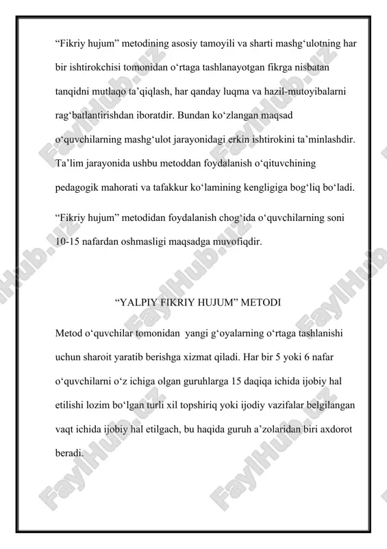 quyidagilardir: — guruhlarning har bir a’zosining faol bo‘lishiga undaydi; — ular tomonidan shaxsiy qarashlarning ifoda etilishini ta’minlaydi; — guruhning boshqa a’zolarining fikrlarini tinglay olish ko‘nikmalarini hosil qiladi; — ilgari surilayotgan bir necha fikrni umumlashtira olish, shuningdek, o‘z fikrini himoya qilishga o‘rgatadi. eng muhimi, mashg‘ulot ishtirokchilarining har bir qisqa vaqt (20 daqiqa) mobaynida ham munozara qatnashchisi, ham tinglovchi, ham ma’ruzachi sifatida faoliyat olib boradi. ushbu metodni 5, 6, 7 va 8 nafar o‘quvchidan iborat bo‘lgan bir necha guruhlarda qo‘llash mumkin. biroq yirik guruhlar o‘rtasida “6x6x6” metodi qo‘llanilganda vaqtni ko‘paytirishga to‘g‘ri keladi. chunki bunday mashg‘ulotlarda munozara uchun ham, axborot berish uchun birmuncha ko‘p vaqt talab etiladi. so‘z yuritilayotgan metod qo‘llanilayotganda mashg‘ulotlarda quruhlar tomonidan bir yoki bir necha mavzuni qilish imkoniyati mavjud. “6x6x6” metodidan ta’lim jarayonida foydalanish o‘qituvchidan faollik, pedagogik mahorat, shuningdek, guruhlarni maqsadga muvofiq shakllantira olish layoqatiga ega bo‘lishni talab etadi. guruhlarning to‘g‘ri shakllantirmasligi topshiriq yoki vazifalarning to‘g‘ri hal etilmasligiga sabab bo‘lishi …