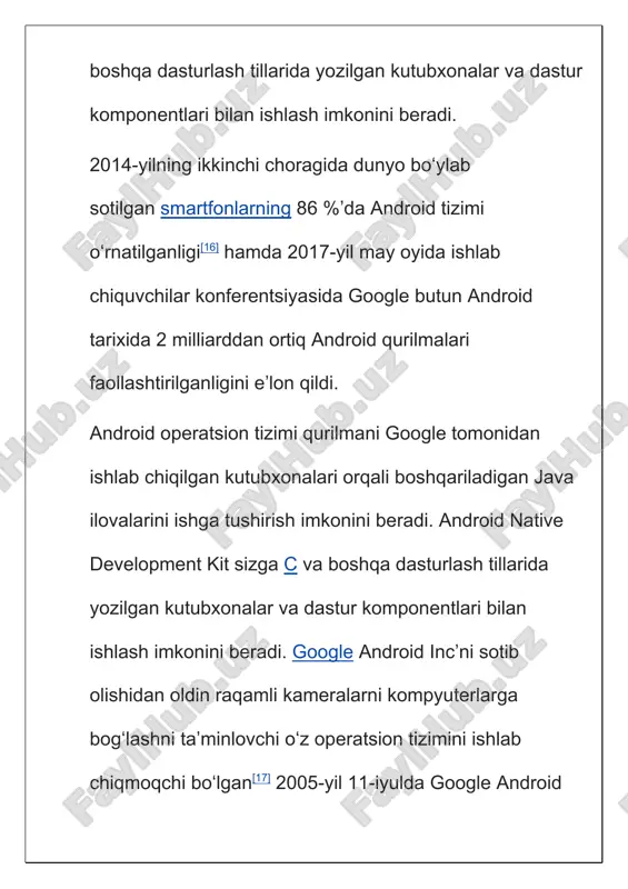 r birinchi boʻlib yangi versiyalarda chiqdi. smartfonlar va planshetlardan tashqari android at boshqa moslamalarga ham oʻrnatiladi. masalan, 2009-yilda sotuvga androidda ishlovchi fotoramka sotuvga chiqdi. 2011-yilda blue sky kompaniyasi android ot ostidagi „aqlli“ iwatch soatlarini chiqardi. 2012-yil avgustda nikon dunyodagi birinchi androidda ishlovchi fotokamerani namoyish etdi. „google nexus“ seriyasida smartfon va planshetlardan tashqari android ostidagi „nexus q“ mediapleyeri mavjud. shu bilan birga android rusumidagi televizorlar ham mavjuddir. 2012-yil oktabrda google boshqaruvchi direktori larri peyj android ostidagi moslamalar soni 500 mln.dan ortgani va har kuni 1,3 mln.ga koʻpayotgani haqida habar berdi. 2008-yil 22-oktabrda google android ot dasturlarining onlayn doʻkoni — android market ochilishi haqida eʼlon qildi. kelishivga koʻra yaratuvchilar foydaning 70 %, operatorlar esa qolgan 30 % olishadi. 2009-yil fevralda aqsh va buyuk britaniya yaratuvchilarida android marketdagi oʻz dasturlari uchun pul olish imkoniyati paydo boʻldi. sony ericsson kompaniyasi dasturlarning onlayn doʻkoni android marketda shaxsiy kanalini ishga tushirdi. u kanalda kompaniya tomonidan tavsiya …