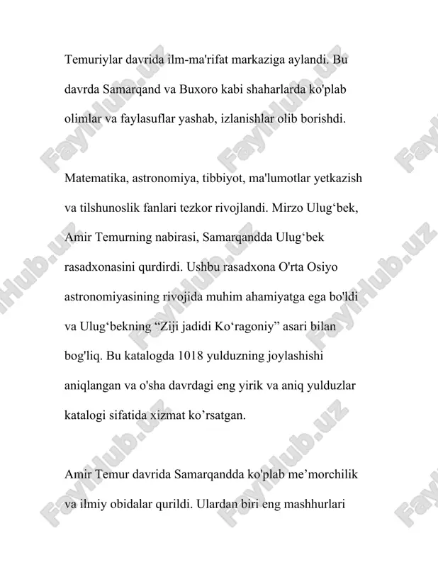 n madrasa va kutubxonalar olimlar uchun muhim markazlar edi. ulug’bek madrasasi va ulug'bek rasadxonalari temuriylar davrida fan va iqtidorga asoslangan eng muhim loyiha edi. temuriylar davridagi boshqa mashhur shaxslar orasida qazizoda rumi, ulug'bekning otasi va ilmiy hamkori, va log'ariy muhammad al-karimiy ko'riladi. ular matematika, muhandislik va astronomiya sohalarida yangiliklar kiritishni davom ettirdilar. umuman olganda, temuriylar davri o'rta osiyo ilm-fani uchun oltin davr bo'ldi, chunki bu davrda ko'plab yirik ilmiy va falsafiy asarlar yaratildi va bu davrning hosilasi butun dunyo ilm-faniga katta ta'sir ko'rsatdi. 3. samarqand va buxoro - temuriylar davri madaniyati markazlari samarqand va buxoro shaharlarining temuriylar davrida madaniyati juda yuksak darajada rivojlangan edi. temuriylar davri o'rta osiyo tarixida muhim o'rin tutadi. amir temur va uning avlodlari davlatni boshqarish bilan birga, o'ziga xos madaniyat markazlarini yaratishga katta e'tibor berishgan. xususan, samarqand va buxoro ushbu davrda qudratli va boy madaniy markazlarga aylangan. samarqand temuriylar imperiyasining poytaxti bo'lgan va bu shahar dunyoning …