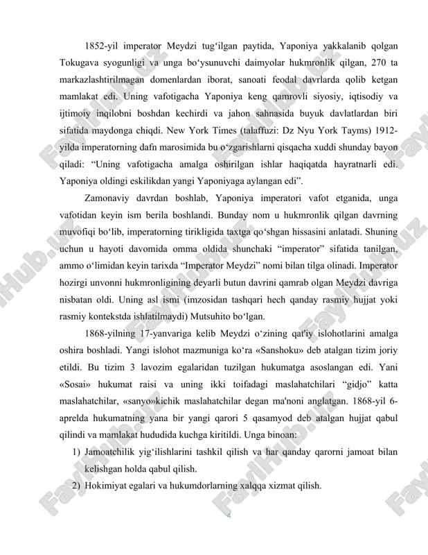 b o‘tmadi. yaponiyada bu vaqtda burjua inqilobi maqsadlarini himoya qilishga, jumladan feodalizmni, mutlaq hokimiyatchilik rejimini va boshqalarni tugatishga qodir bo‘lgan burjuaziya ham, boshqa siyosiy kuchlar ham yo‘q edi. “meydzining qayta tiklanishi” o‘z mohiyatiga ko‘ra burjua inqilobining dastlabki bosqichi talablariga mos keladi. bu talablar yaponiyaga g‘arb kapitalining kirib kelishi ta’siri ostida kuchaygan feodal millatchilikning ko‘rinishlaridan biri bo‘lib qolgandi. 1865-yilda angliya va keyin aqsh “yaponiyani ochishga” va uni o‘zlarining uzoq sharqdagi mustamlakachilik siyosatlarida oldingi punktga aylantirishga intilib, “kanonerka3 siyosati” yordamida syogunni tengsizlik shartlaridagi savdo shartnomalarini ratifikatsiya qildirishga erishganlar. bu shartnomalarga binoan “quyosh botuvchi mamlakat” savdo munosabatlarida yarim mustamlaka xitoyga tenglashtirilgan edi.[footnoteref:1] [1: eidus x. t." yaponiyaning qadimgi davrlardan to hozirgi kungacha bo'lgan tarixi" 2015.-b.134] yaponiyaning o‘z mustaqilligini yo‘qotish havfi milliy harakatni tezlashtiruvchi turtki bo‘ldi. bu harakat hukmron doiralar, samuraylar – “dvoryan inqilobchilar” ning “mamlakatni tiklash va birlashtirish”, uni mustaqil va erkin yashashini ta’minlay oladigan kuchli markazlashgan davlat tashkil qilish zarurligini tushunib yetishi …