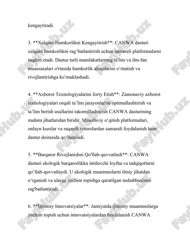 rni kengaytirib yoki o'zgartirib olishlari mumkin. 9. **tajriba va qo'llab-quvvatlash**: canwa dasturi bilan birga foydalanuvchilarga tajriba va qo'llab-quvvatlash xizmatlari ham taqdim etiladi. bu foydalanuvchilar uchun dasturdan samarali va to‘g‘ri foydalanishda katta yordamdir. yuqorida keltirilgan imkoniyatlar orqali canwa dasturi foydalanuvchilarga samarali boshqaruv va tezkor operatsiyalarni ta'minlaydi. asosiy maqsad - foydalanuvchilarning ishlash jarayonini qulaylashtirish, optimallashtirish va xarajatlarni kamaytirish hisoblanadi. bu dastur orqali foydalanuvchilar o'z bizneslarini yanada rivojlantirish va bozorda raqobatbardoshlikni oshirish imkoniga ega bo'ladilar. 3. canwa dasturining o'rnatish va sozlash jarayoni canwa dasturining o'rnatish va sozlash jarayoni haqida batafsil ma'lumot berishdan avval, dastur haqida qisqacha tushuncha berib o'taman. afsuski, siz zikr qilgan "canwa" dasturini aniq bilmasligim sababli, umumiy dasturlarning o'rnatilishi va sozlanishi jarayonini ko'rib chiqamiz. dastur bu qaysi sohada qo'llanilishiga qarab, o'rnatish va sozlash jarayonlari har xil bo'lishi mumkin. umumiy holda, dasturlarni o'rnatish va sozlash jarayonlari quyidagi bosqichlarni o'z ichiga oladi. 1. **tizim talablarini tekshirish:** - har bir dasturni o'rnatishdan avval, avvalo …