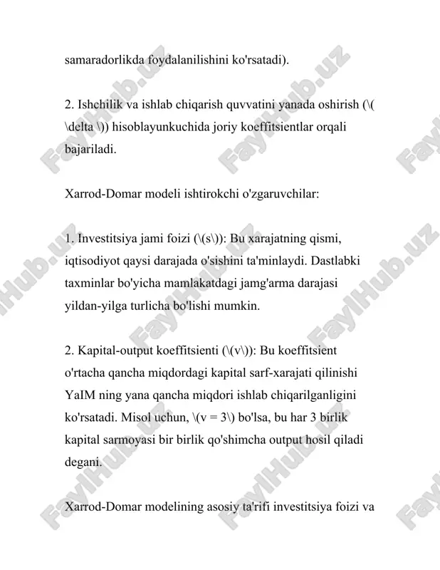 orligini e'tiborga olmaslik bilan bog'liq murakkabliklarni yuzaga keltirishi mumkin. uchinchidan, model rivojlangan va rivojlanayotgan mamlakatlar uchun muhim tavsiyalar beradi. masalan, rivojlanayotgan mamlakatlarda jamg'arish darajasini oshirish va kapital samaradorligini yaxshilash orqali iqtisodiy o'sishni rag'batlantirish mumkin. shuningdek, rivojlangan mamlakatlarda kapitalning samaradorligini oshirish orqali barqaror iqtisodiy rivojlanishga erishish mumkin. xarrod-domar modeli har safar ko'plab tanqidlarga sabab bo'lsa-da, u iqtisodiy o'sish jarayonlarini tahlil qilishda muhim dastlabki yondashuvlardan biri hisoblanadi. bu model asosida keyingi nazariyalar va amaliyotlar rivojlandi, jumladan solow modeli va boshqalar. yuqoridagi raqamli parametrlar asosan iqtisodchi va tadqiqotchilar tomonidan o'rganilishi lozim bo'lgan asosiy tushunchalardir. ushbu modelda ko'rsatilgan sarmoya va jamg'arishning muhimligi rivojlanish strategiyalari uchun yo'l xaritasi sifatida foydalaniladi. eng optimal yechimlarni topish va barqaror iqtisodiy o'sishni ta'minlash uchun bu modelning tamoyillari amalda qo'llanilishi zarurdir. 3. solou modeli asoslari sizga solou modeli asoslari bo'yicha ma'lumotlar kerak ekan. quyida ushbu model haqida asosiy ma'lumotlarni keltiraman. --- solou modeli, to‘liq nomi robert solou tomonidan ishlab chiqilgan …