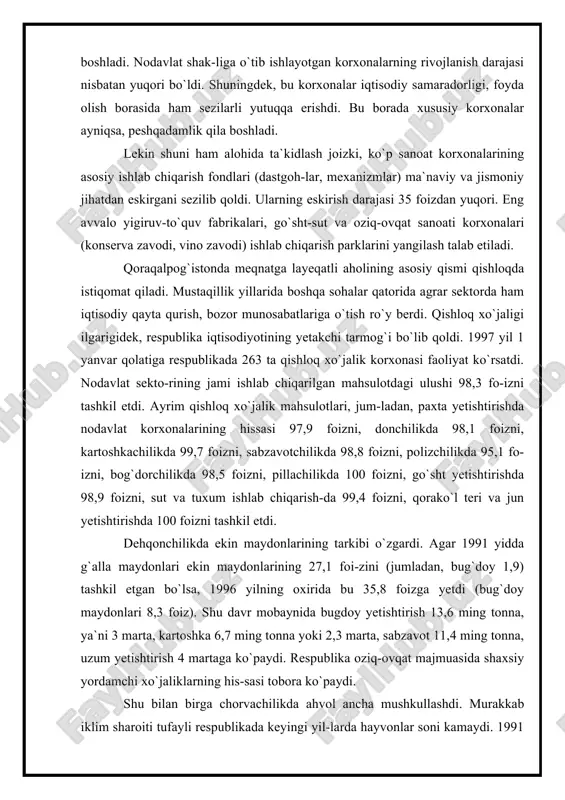 na shu tajribani ommalashtirishga mutlaqo e`tibor beril-madi. oqibatda qishloq xo`jaligi mahsulotlari hajmida ular-ning xissasi nihoyatda kam bo`ldi. buning asosiy sababi fer-mer xo`jaliklariga xizmat ko`rsatuvchi korxonalar yaxshi ishla-madi, bo`rdoqichilik bazasi sust rivojlandi, zotdor hayvon-larni ko`paytirish qoniqarsiz ahvolda, moddiy-texnika va pul mablag`lari bilan ta`minlash past darajada, agrotexnik va zoo-veterinariya xizmati ko`rsatish juda bo`sh tashkil etildi. keyingi 6 yil ichida investitsiya faoliyatida sezilarli o`zgarishlar ro`y berdi. kapital qurilishda korxonalarning mablaglari hisobidagi qurilishlar hajmi ko`payib, budjet mab-lag`ining qissasi kamaydi. bozor munosabatlariga o`tish sharoitida ishlab chiqarish korxonalari qurilishiga ajratilgan mablaglar noishlab chiqa-rish obyektlariga ajratilgan mablagga nisbatan ancha ko`p bo`ldi. masalan, 1995 yilda ishlab chiqarish korxonalari qurilishiga ajratilgan mablag` 61,2 foizni tashkil etgan bo`lsa, 1996 yilda bu 78 foizga yetdi. bir vaqtning o`zida noishlab chiqarish obyekt-lari uchun ajratilgan mablaglar miqsori 38,8 foizdan 22 fo-izgacha kamaydi. respublikada istiqlol yillarida tashqi iqtisodiy aloqa-larga ham katta e`tibor berildi. masalan, 1996 yildagi tash-qi savdo oboroti 228,4 mln. aqsh dollarini tashkil …