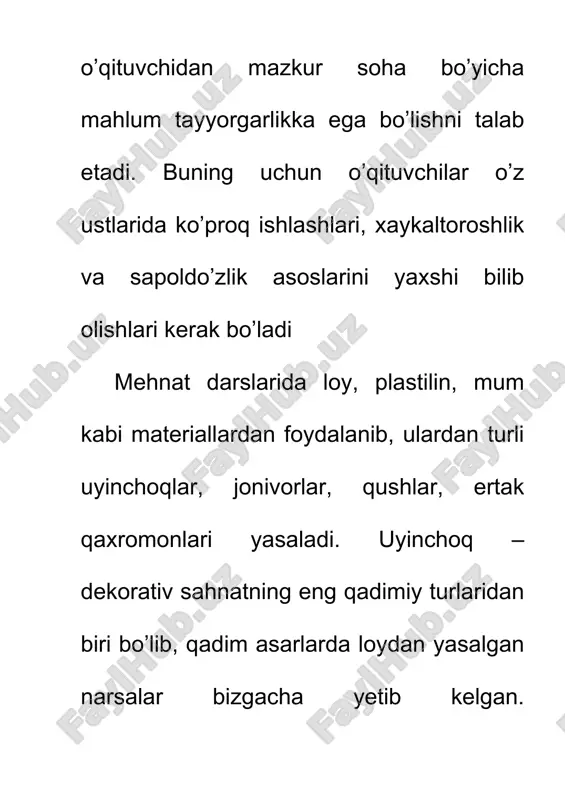 ilar narsalarni yasash usullarini egallab olganlaridan sung uyinchoklar, badiiy bezakli dekorativ idishlarni yasashga utishlari mumkin. adabiyotlar. 1. p.magzumov. ”o’quvchilarning mehnatga tayyorgarlik bo’yicha bilim va ko’nikmalari sifati”. t. 1994 - yil. 2. x.sanaqulov, m.haydarov “boshlang’ich sinflarda qog’ozdan amaliy ishlar” 1996 –yil. 3. r. a. mavlonova, goroxova, ogluzdina.o. “mehnat tahlim metodikasi” t. “o’qituvchi” 1986- yil 4. shumulevich n. m. “qog’ozdan texnik modellar yasash” t. “o’qituvchi” 1989 – y.