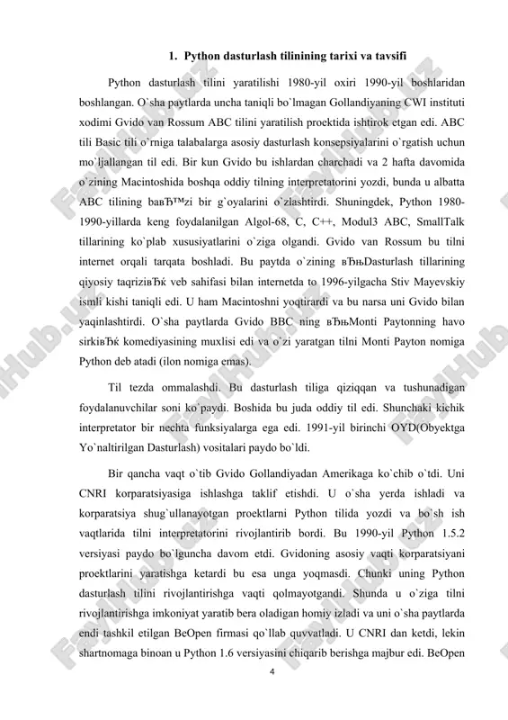 shunga o'xshash yozuv hosil bo'lsa unda hammasi joyida windows operatsion tizimiga o'rnatish uchun www.python.org/downloads web sahifasiga o'tamiz va u yerdan oxirgi python versiyasini yuklab olamiz. pythonni o'rnatish odatiy dasturlarni o'rnatish kabi kechadi. hech qanday qiyin joyi yo'q. python dasturlash tilining o`rnatuvchi paketini ustiga sichqoncha ko`ratkichini 2 marta bosamiz va bizga quyidagi oyna hosil bo`ladi. bu yerda install for all users-barcha foydalanuvchilar uchun. install just for me- faqat siz uchun, agar buni tanlab istalyatsiya qilsak yaвђ™ni o`rnatsak windows vista operatsion sistemasida xatolik yuz beradi va dastur ishlamaydi. shuning uchun install for all users ni tanlaganimiz maqul. keyin next tugmasi bosamiz. bu yerda esa python dasturlash tilini qayerda o`rnatilishi ko`rsatilayapti. python o`rnatilyapti va bir necha sekunddan so`ng quyidagi oyna namoyon bo`ladi: bunda console rejimida dastur ishga tushib pip kutubxonasini qo`shadi. va dasturni o`rnatish muofaqqiyatli tugallandi. python dasturlash tilini yaratilishi 1980-yil oxiri 1990-yil boshlaridan boshlangan. o`sha paytlarda uncha taniqli bo`lmagan gollandiyaning cwi instituti …