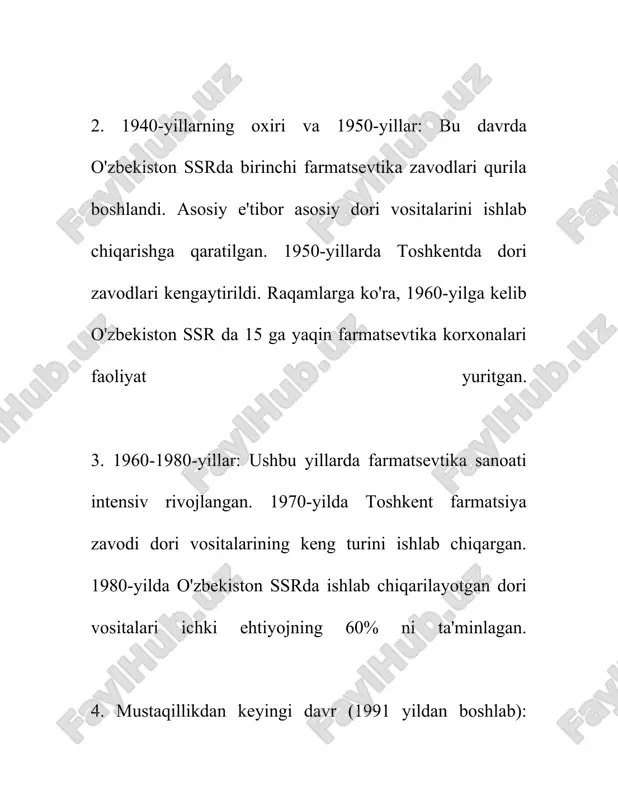shli bo'lib, dunyo bo'yicha yirik kompaniyalar tomonidan amalga oshiriladi. global api bozori 2022-yilda taxminan 200 milliard dollarni tashkil etdi. 8. yangi doza shakllari va yetkazib berish tizimlari: an'anaviy tabletkalar va kapsulalar bilan bir qatorda, inkapsulatsiya, nanozarrachalar, transdermal yamoqlar kabi yangi yondashuvlar geli, ko'z tomchilari, inhalerlar orqali qo'llanilmoqda. yetkazib berish texnologiyalari doimiy ravishda rivojlanib, ularning bozor ulushi 2021-yilda 50 milliard dollarni tashkil etdi. farmatsevtik ishlab chiqarish jarayonlari ko'plab yangi yondashuvlarni o'z ichiga oladi va texnologik, ijtimoiy va iqtisodiy omillar ta'siri ostida rivojlanadi. har yili milliardlab dollarlar yangi farmatsevtik ilmlar, texnologiyalar va ishlab chiqarish quvvatlari uchun sarflanadi. 2022-yilda global farmatsevtik ishlab chiqarishning umumiy qiymati 1 trillion dollardan oshiq edi. bu ko'rsatkichlar va yo'nalishlar soha rivojlanishining asosiy yo'nalishlarini belgilaydi va farmatsevtikaning jamiyatda alohida ahamiyatga ega ekanligini ko'rsatadi. 3. o'zbekistonda farmatsevtika bozori va uning rivojlanishi o'zbekistonda farmatsevtika bozori so'nggi yillarda tez sur'atlarda rivojlanib kelmoqda. ushbu bozorda farmatsevtik mahsulotlar ishlab chiqarish, sotish va distribusiyasi sohasida …