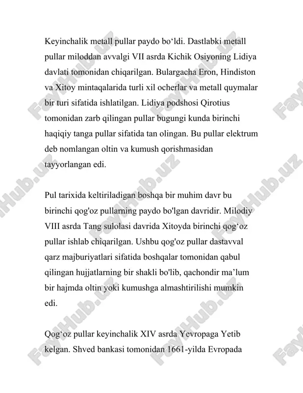 imkoniyatlar va xavf-xatarlarni yuzaga keltiradi, shuning uchun pul va moliya sektorini nazorat qilish yanada murakkablashmoqda. mazkur omillarni hisobga olgan holda, pulning asosiy funksiyalari va ular orqali ta'minlanadigan iqtisodiy barqarorlik barcha davlatlar uchun strategik ahamiyat kasb etadi. pul tizimi va uning samaradorligi mamlakatning raqobatbardoshligi va xalqaro maydondagi mavqeini belgilab beradi. shu sababli, pul siyosati va moliya boshqaruvi davlatlar uchun strategik ahamiyatga ega masalalardan biridir. pul va uning funksiyalari haqidagi amaliy tushunchalar har bir fuqaroning kundalik hayotida ham ko‘zga tashlanadi. pulning amaliy qo‘llanilishi va undan samarali foydalanish jamiyatdagi iqtisodiy farovonlikka ijobiy ta’sir ko‘rsatadi. o‘quv va targ‘ibot ishlari orqali moliyaviy savodxonlikni oshirish davlatning iqtisodiy siyosatining muhim bir qismi bo‘lishi kerak, chunki bu aholining moliyaviy resurslardan oqilona foydalanishini ta’minlaydi. yuqorida bayon etilgan pulning funksiyalari va ularning amaliy ahamiyati pul tizimi va moliyaviy siyosatning barqaror va samarali bo‘lishini ta’minlashda, shuningdek, iqtisodiyotda ishonchni kuchaytirishda muhim rol o‘ynaydi. 3. pul turlari pul turlari haqida gapirganda, asosan uchta …