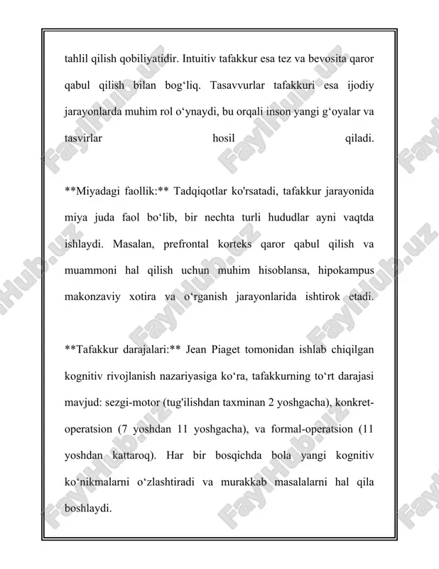 lish mumkin. tadqiqotlarga ko‘ra, tafakkur qilish jarayoni ayniqsa jiddiy fikrlash mashg‘ulotlari bilan shug‘ullanish orqali osonlashadi. masalan, uzluksiz tarzda kitob o‘qish, mashg‘ulotlarga qatnashish va yangi tillarni o‘rganish madaniyat va tafakkur qobiliyatini sezilarli darajada rivojlantiradi. xususan, tadqiqotlar shuni ko‘rsatadiki, ikki yoki undan ortiq tillarni biladigan insonlar miyasida ko‘proq neyron bog‘lanishlari mavjud bo‘lib, bu ularning tafakkur qilish va analitik qobiliyatlarini kuchaytiradi. tafakkurning yana bir jihati — u insonlar orasida ijtimoiy ko‘nikmalarni rivojlantirishda ham muhim rol o‘ynaydi. tadqiqotlar ko‘rsatadi, ijtimoiy aloqalarning kengayishi va murakkab aqliy vazifalarni bajarish natijasida inson miyasi yanada faol va kuchli bo‘lib qoladi. ayniqsa, zamonaviy texnologiyalar davrida tafakkurning ahamiyati yana oshmoqda. shuning uchun, bugungi kunda sun'iy intellekt va raqamlash jarayonlari orqali faqat inson tafakkuri bilan hal qilish mumkin bo‘lgan masalalar ko‘paymoqda. raqamli texnologiyalar sohasidagi keng kutubxonalar tahliliga ko‘ra, yiliga taxminan 2,5 quintillion bayt ma’lumot yaratiladi. bunday miqdordagi axborotni to‘liq tahlil qilish uchun inson tafakkuri hali ham bir necha o‘n yilliklar davomida …