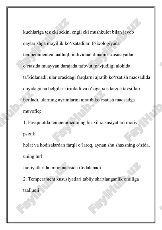 i bilan temperamentga aloqador nerv sistemasi xususiyatlarining o‘zaro qo‘shiluvini nerv sistemasining tipi deb nomlaydi va uni to‘rtta tipga ajratadi. ular quyidagilardan iborat. 1. kuchli, muvozanatli, epchil; 2. kuchli, muvozanatsiz, epchil; 3. kuchli, muvozanatli, sust; 4. kuchli, muvozanatsiz sust. yirik rus psixologlaridan biri b.m.teplov (1896 - 1965) va uning shogirdlari, maslakdoshlari i.p.pavlovning tadqiqotlarini davom ettirib, inson nerv jaraѐnlari xususiyatlarining o‘ziga xos tomonlarini ochishga muvaffaq bo‘ldilar. ular nerv-fiziologik jaraѐnlarning nozik hirralarini o‘rganishga maxsus moslamalar ѐrdami bilan o‘zgarishlarni qayd qilish hamda olingan natijalarni (omillarni) matematik statistika metodlari orqali hisoblashni tatbiq etdilar. shuningdek, b.m. teplov ilmiy maktabining namoѐndalari tomonidan ijobiy va tormozlovchi shartli reflekslarning osil bo‘lish tezligini tavsiflovchi individual xususiyatlar turkumi ham ta’riflab berilgandir. ushbu individual xususiyatlar mohiyatida ifodalanuvchi nerv sistemasining notanish xususiyati dinamiklik deb nomlangan ham tavsiflangan. bundan tashqari, ular shartli reflektor faoliyatining bir guruh individual xususiyatlari qo‘zg‘alish jaraѐni to‘xtalishining tezligi mahsuli sifatida taxmin qilingan xususiyatni (yangi xislatni) labillik deb atay boshlaganlar. shuning …