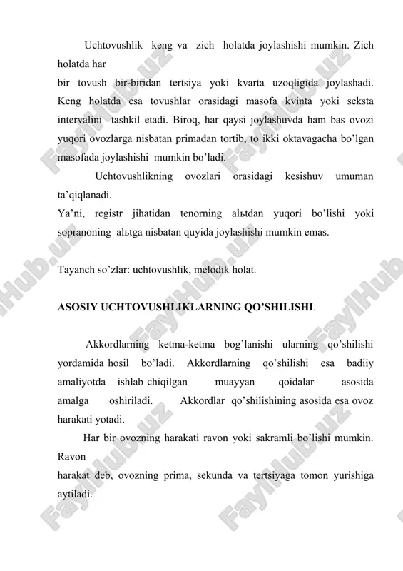 tma-navbat chaling: eslatma: garmoniya kursida xordagi odam ovozlarining bo'linishiga xos bo'lgan akkordlarning to'rtovozlik bayoni asos qilib olingan: soprano - soprano (s) alt - alio (a) tenor - tenor (t) bas - basso (b) soprano va alt partiyasi skripka kalitidagi nota yo'liga, lenor va bas partiyasi esa has kalitli nota yo'liga yoziladi. 2-m ashq. quyidagi tovushlardan to'rtovozlik bayondagi uchtovushliklami tuzing va chaling: 1) sol tovushidan - zich joylashuvda, tersiyaning melodik holatidagi minor uchtovushligi; 2) r tovushidan - keng joylashuvda, kvintaning melodik holatidagi major uchtovushligi; 3) si tovushidan - keng joylashuvda, primaning melodik holatidagi minor uchtovushligi; 4) re-bemol tovushidan - zich joylashuvda, kvintaning melodik holatidagi major uchtovushligi; 5) do-diez tovushidan - zich joylashuvda, primaning melodik holatidagi minor uchtovushligi; 6) sol-diez tovushidan keng joylashuvda, tersiyaning melodik holatidagi major uchtovushligi. 3-m ashq. quyidagi akkordlam i tuzing: 1) g-dur: t l keng joylashuvda; 2) fis-moll: s1 zich joylashuvda; 3) d-dur: d5 zich joylashuvda; 4) es-dur: …