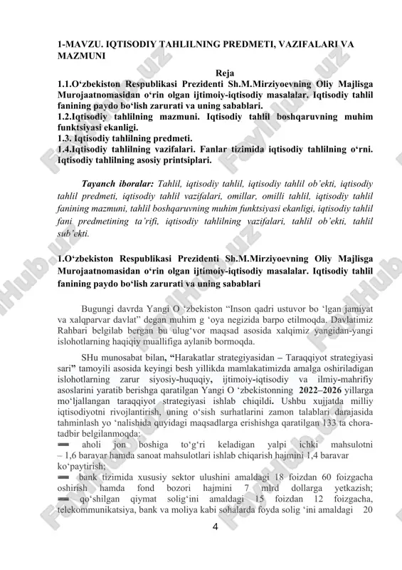 azifalarni amalga oshirish talab etiladi. birinchidan, biz makroiqtisodiy barqarorlikni va yuqori iqtisodiy o‘sish surhatlarini tahminlashimiz shart. ikkinchidan, iqtisodiyotimiz rivojining muhim sharti bo‘lgan faol investitsiya siyosatini izchil davom ettiramiz. uchinchidan, bank va moliya tizimida islohotlarni jadal davom ettirish, sohaga zamonaviy bozor mexanizmlarini kengjoriy etish zarur. to‘rtinchidan, fuqarolarimiz soliqdan qochish emas, uni vaqtida to‘lashdan manfaatdor bo‘lishi kerak. beshinchidan, tadbirkorlik faoliyatini qo‘llab-quvvatlash bo‘yicha ishlar jadal davom ettiriladi. buyuk alloma najmiddin kubro hazratlari “muvaffaqiyatni – sahy-harakatda, muvaffaqiyatsizlikni esa – loqaydlik va dangasalikda ko‘rdim”, deb bejiz aytmaganlar. oltinchidan, iqtisodiyotni boshqarishda davlat aralashuvini keskin kamaytirish lozim. yettinchidan, biz erkin bozor tamoyillarini o‘rnatmoqchi ekanmiz, iqtisodiyotning yetakchi tarmoqlarini isloh qilish va rivojlantirish orqali sog’lom raqobat muhitiniyaratishimiz shart. sakkizinchidan, iqtisodiyotimizni jahon bozoriga integratsiya qilish va eksportni qo‘llab-quvvatlash ustuvor vazifadir. to‘qqizinchidan, hududlarni kompleks rivojlantirish tadbirlarini izchil davom ettirish lozim. o‘ninchidan, qishloq xo‘jaligi sohasini boshqarish tizimini isloh qilish, yer va suv resurslaridan oqilona foydalanish borasidagi ilg’or texnologiyalarni joriy etish, oziq-ovqat xavfsizligini …