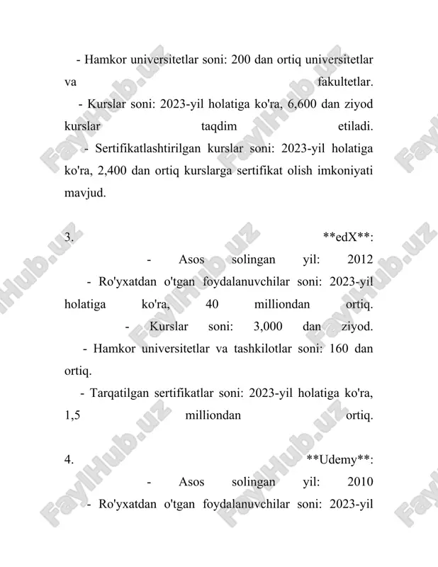 yiha va dasturlarda ishtirok etmoqda. ushbu ma’lumotlar ta'limdagi interaktiv o‘quv materiallarining keng tarqalganligi va ularning ta’lim jarayonida qanday ta’sir ko‘rsatayotganligini aks ettiradi. interaktiv o‘quv materiallari texnologik taraqqiyot bilan birga yanada rivojlanib boradi va kelajakda ham ta’lim sohasidagi muhim yo‘nalishlardan biri bo‘lmoqda. 3. masofaviy ta'limning afzalliklari masofaviy ta'lim - bu zamonaviy texnologiyalar yordamida o‘qituvchi va o‘quvchilarning bir joyda bo‘lmagan holda ta’lim olish jarayoni. masofaviy ta'limning ko‘plab afzalliklari bor. shulardan eng ahamiyatli bo‘lganlarini ko‘rib chiqamiz. 1. **harajatlarni tejash**: masofaviy ta'lim an'anaviy ta'lim bilan solishtirganda kamroq moliyaviy resurslarni talab qiladi. talabalar uyida yoki boshqa qulay joyda o‘qish imkoniyatiga ega bo‘lgani uchun transport, yotoq va oshxona xarajatlari yo‘q bo‘ladi. statistik ma'lumotlarga ko‘ra, masofaviy ta'lim bilan shug‘ullangan talabalar kamida 30% xarajatlarni tejashlari mumkin. 2. **hududiy cheklanishlarning yo‘qligi**: masofaviy ta'lim internet orqali amalga oshirilgani uchun talabalar geografik joylashuvdan qat’i nazar bilim olish imkoniga ega. toshkentdek yirik shahar yoki qoraqalpog‘istonning chekka hududida yashayotgan o‘quvchilar o‘rtasidagi imkoniyatlar farqi …