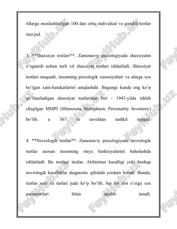 iqqatni jamlash qobiliyatini baholash maqsadida amalga oshiriladi. misol uchun, wechsler memory scale (wms) va continuous performance test (cpt) kabi testlar xotira va diqqatni baholashga yordam beradi. 5. **ma'naviy va axloqiy qobiliyatlarni aniqlash testlari:** bu testlar shaxsning ma'naviy va axloqiy qarashlarini aniqlash uchun mo‘ljallangan. ko'pincha, maxsus metodikalar va amaliy muloqotlar yordamida amalga oshiriladi. 6. **savollar va javoblar testlari:** masalan, ko‘plab psixologik testlar savol-javob shaklida bo‘ladi va respondentning turli xususiyatlari yoki qobiliyatlarini baholashga qaratilgan. ushbu testlar o‘quvchilarning fikrlash qobiliyatlari, ishga bo‘lgan munosabati va boshqa shaxsiy xususiyatlarini baholashda ishlatiladi. psixologik testlarning qo‘llanilishi juda keng. ular kadrlar bo‘limida ishga kirishni xohlovchilarni baholash uchun, maktablarda o‘quvchilarning qobiliyatlarini aniqlashda, ruhiy salomatlik muammolarini aniqlashda, hamda shaxs yoshligini o‘rganishda qo‘llanilishi mumkin. testlar hamda ularning natijalari yuqori aniqlik darajasiga ega bo‘lishi uchun malakali psixologlar tomonidan o‘tkazilishi kerak. psixologik testlar chuqur ilmiy tadqiqotlar va metodologik asosga ega bo‘lib, ularni to‘g‘ri va ehtiyotkorlik bilan qo‘llash zarur. psixologik diagnostika jarayonida test natijalarini …