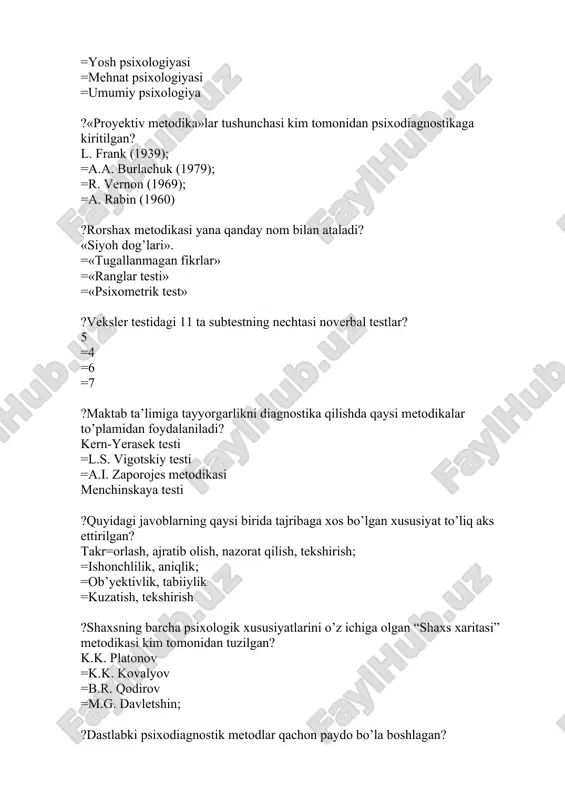ishlab chiqilgan aat (auditoriya appersepsion testi)ning qo’zg’atuvchi materiali nima? tovushlar =vazifalar =rasmlar; =ranglar ?verbal testlar - bu? so’zlitopshiriqlardaniborat,ulartushunchalrnianiqlashxulosachiqarish,so’zlarnianglashvataqqoslashbilanbog’liqhar-xilmantiqiyoperatsiyalarnibajarilishi =shaxsningalohidabelgilari,motivlar,emotsiyalar,xarakteraksentuatsiyasi,xavotirlilik,tajovuskorlikvaboshqalarnianiqlash =ijtimoiyguruhlardaodamlarningmunosabatisifatidaijtimoiypsixologiko’z-o’ziniattestatsiyaqilish =sinaluvchida test materiallari sifatida har- xil shakldagi blankalarda foydalaniladi,masalan,rasmlar, sxemalar,jadvallar, obrazlar va so’rovnomalarni aniqlash =obrazlar ,suratlar,rasmlar,sxema va tasavvurlar bilan mashqlarni o’z ichiga oladi ?tat (tematik appersepsion test) mualliflari kim? morgan va myurrey =v.l. marishuk =v.i. yevdokimov =rorshax ?m. lyusher testidagi asosiy ranglar qaysilar? yashil, ko’k, qizil, sariq; =qizil, sariq, qora, safsar (binafsha rang); =ko’k, qora, yashil, jigarrang; =safsar, jigarrang, qora, kulrang. ?krichmer insonlarni qanday guruhlarga ajratadi leypsomatik, desplatik, atletik, lepsomatik, peknik, atletik =atletik, lepsomatik =peknik, atletik =aralash tiplarga ?t.gilford qaysi metoddan foydalanib intellekt modelini yaratdi. matematik metoddan =biografik metoddan =sotsiometriya metodidan =eksperiment metodidan ?piktogramma metodi qanday tartibda amalga oshadi rasmlar, chizmalar orqali =testlar orqali =turli o‘yinlar orqali =anketalar orqali ?segen doskasi metodikasi nimani o‘rganishga qaratilgan bolani shakllarni farqlash qobiliyatini oshirishga, motorika xususiyatlarini o‘rganishga =qurish, yasash, xususiyatlarni o‘rganishga =xotira samaradorligini bilishga …