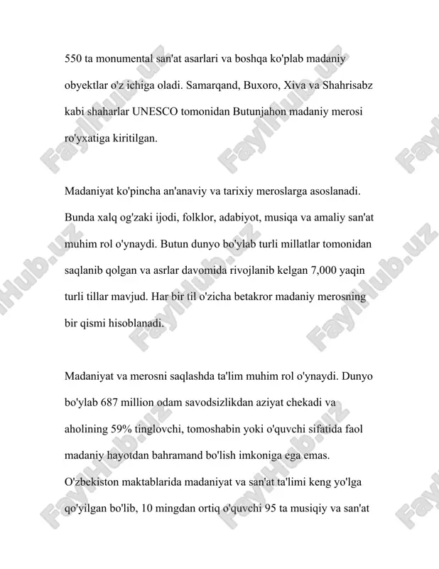 gilarni inobatga olgan holda, o‘zbekiston o‘zining boy va xilma-xil tarixiy merosini saqlash va rivojlantirishga jiddiy e'tibor qaratmoqda. bu boradagi ishlar nafaqat milliy, balki xalqaro amaliyotlar bilan boyitilib, zamon talablariga mos tarzda amalga oshirilmoqda. 3. madaniy merosning avlodlarga etkazilishi "madaniy meros" tushunchasi insoniyat tarixiy taraqqiyotining muhim jihatlarini ifodalaydi va ajdodlarimiz tomonidan yaratilgan moddiy va ma'naviy boyliklarni o'z ichiga oladi. bu meros avlodlarga uzatilishi orqali kelajak avlodlar o'z tarixlarini, milliy va madaniy qadriyatlarini o'rganishlari mumkin. madaniy merosning avlodlarga etkazilishi nafaqat uning saqlanishi, balki jamiyatdagi har bir shaxsning bu boyliklarni qadrlashini ta'minlaydi. 2021 yilda o'zbekiston respublikasi bo'yicha madaniy meros agentligi tomonidan taqdim etilgan ma'lumotlarga ko'ra, mamlakatda rasman 7,000 dan ortiq madaniy meros obyektlari ro'yxatga olingan. shulardan 4,500 dan ortig'i arxeologik yodgorliklar, 2,500 dan ziyodi esa arxitektura va shaharsozlik yodgorliklaridir. ushbu obyektlar orasida ko'plab masjidlar, maqbara va qal'alar mavjud bo'lib, ularning aksariyati yuneskoning jahon merosi ro'yxatidan joy olgan. samarqand, buxoro va xiva shaharlaridagi tarixiy …