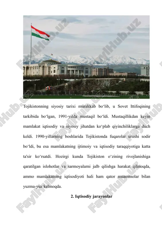u o‘sish, ayniqsa yoshlar orasida ishsizlikning ortishiga olib kelishi mumkin, bu esa jamiyatdagi iqtisodiy muammolarni kuchaytiradi. · geopolitik xavflar: tojikistonning qo‘shni davlatlari bilan mavjud hududiy va siyosiy ziddiyatlar, ayniqsa, afg‘oniston bilan bo‘lgan chegaraviy muammolar, mamlakatning xavfsizlik va iqtisodiy rivojlanishiga tahdid soladi. xulosa tojikiston iqtisodiyoti qishloq xo‘jaligi, sanoat va xizmatlar sektori o‘rtasida balansi bo‘lgan bir holatda rivojlanmoqda. paxta, oltin, alyuminiy kabi eksport mahsulotlari iqtisodiyotning asosiy poydevorini tashkil etadi. biroq, iqtisodiy o‘sish va barqarorlikni ta'minlash uchun mamlakatning iqtisodiy tarmoqlarini diversifikatsiya qilish, energiya ta'minotini mustahkamlash va ijtimoiy siyosatni rivojlantirish zarur. tojikistonning kelajagi iqtisodiy islohotlar va sarmoyalarni jalb qilishga qaratilgan strategiyalarni muvaffaqiyatli amalga oshirishga bog‘liq. foydalanilgan adabiyotlar: 1. world bank (2023). tajikistan overview. the world bank. https://www.worldbank.org/en/country/tajikistan 2. asian development bank (2022). tajikistan economic report. asian development bank. https://www.adb.org/countries/tajikistan/main 3. tojikiston respublikasi iqtisodiyoti. (2020). iqtisodiy tadqiqotlar markazi. dushanbe: "iqtisodiyot nashri". 4. tajikistan: country report. (2022). oxford business group. https://oxfordbusinessgroup.com/tajikistan 5. tajikistan's energy sector. (2021). …