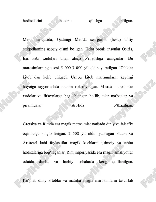 gan. to‘rtinchidan, urf-odatlarga ko‘ra, oila a’zolarini va uy-joyni buzilishdan, yomon kuchlardan himoya qilish uchun amalga oshiriladigan marosimlar mavjud edi. masalan, “shambariya” deb ataluvchi chuqur diniy va an’anaviy maroasimi ham aynan shunday maqsadda amalga oshirilgan. ishonishadiki, bu singari marosimlar tabiat bilan uyg‘unlikda yashash, muqaddaslikka erishish, inson hayotini yanada mazmunli qilish, tabiat hodisalarini anglash kabi chuqur maqsadlarni o‘z ichiga oladi. ushbu marosimlar tomonidan nafaqat diniy va e'tiqodiy ehtiyojlar qondirilgan, balki ular kishilarning jamiyatdagi o‘rnini, ularning axloqiy-me'yoriy kurashlarini ham ifodalaydi. bu esa o‘z navbatida xalqning ruhiy va madaniy hayotida sezilarli iz qoldiradi. bu magik marosimlar o‘zbekiston xalqining madaniy merosining ajralmas qismi sifatida muntazam ravishda o‘rganilib, tadqiq etilib kelinmoqda. har bir viloyat, har bir xalq guruhining o‘ziga xos marosimlari mavjud bo‘lib, ular xalqning boy tarixiy va madaniy xotirasi haqida ko‘plab ma'lumotlarni saqlab qolishga yordam beradi. 3. marosimlarda ishlatiladigan magik diniy atributlar marosimlarda ishlatiladigan magik diniy atributlar ko'plab madaniyatlar va dinlarda muhim o'rin tutadi. ular …