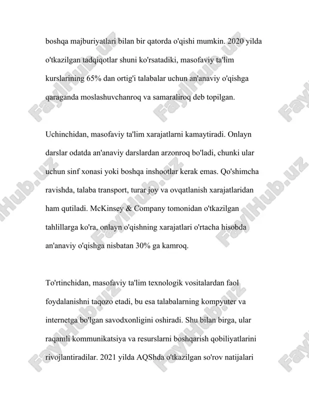 oursera**: coursera onlayn kurslar va sertifikatlar taklif etuvchi platforma bo‘lib, universitetlar va tashkilotlar taqdim etgan kurslarni o‘z ichiga oladi. coursera’ning yigirilishi orqali dunyo bo‘ylab 77 milliondan ortiq foydalanuvchilar bilimlarni oshirish imkoniyatiga ega bo'lishdi. 6. **edmodo**: edmodo o‘qituvchilar, talabalar va ota-onalarga onlayn tarzda muloqot qilish imkoniyatini beradi. platforma mustahkam xavfsizlik choralariga ega bo‘lib, turli vazifalar va testlar tashkil etishga imkon beradi. 2018-yilda edmodo 86 milliondan ortiq foydalanuvchilar bilan kengashgan edi. 7. **blackboard**: blackboard masofaviy ta'lim platformasi akademik resurslarni baham ko‘rish uchun keng qo‘llaniladi. dunyo bo‘ylab rasmiy ta’lim tizimlarida blackboard ko‘plab universitetlar va maktablar tomonidan ishlatiladi va bir milliondan ortiq muassasa foydalanuvchisi bor. 8. **khan academy**: khan academy ta'lim islohotiga hissa qo‘shuvchi bepul onlayn platforma bo‘lib, o‘zini-o‘zi o‘rganish va myloniy olishni qo‘llab-quvvatlaydi. uning ma’lumotlari jumladan, 2020-yilda pandemiya davrida 20 milliondan ortiq o‘quvchi xizmatlardan foydalangan. 9. **udemy**: udemy turli sohalarda onlayn kurslar taklif etuvchi platforma bo‘lib, jahon bo‘ylab 40 milliondan ziyod talabalarga xizmat …