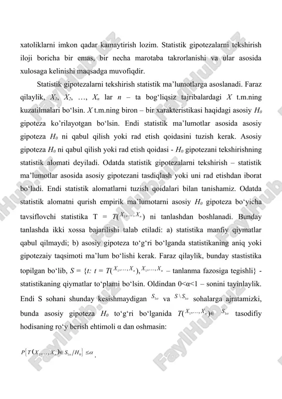 istikaning shu xossasiga asoslangandir. teorema(kolmogorov). ixtiyoriy uzluksiz f(x) taqsimot funksiyasi va λ uchun bo‘ladi. dn – statistikaga asoslangan statistik alomat kritik to‘plami quyidagicha aniqlanadi . bu yerdan 0 - t p k 2 1 1 0 + × ÷ ø ö ç è æ g ÷ ø ö ç è æ g ÷ ø ö ç è æ + g × ÷ ø ö ç è æ = + - x m nx x m n m n m n x f m n n n m n µ µ 2 1 2 x y c s s 29 . 0 1 2 1 = = c c µ 2 x s µ 2 y s µ ( ) 2 2 1 1 1 n x ix i x n sq = =- - å µ ( ) 2 2 1 1 1 m y iy i y m sq …