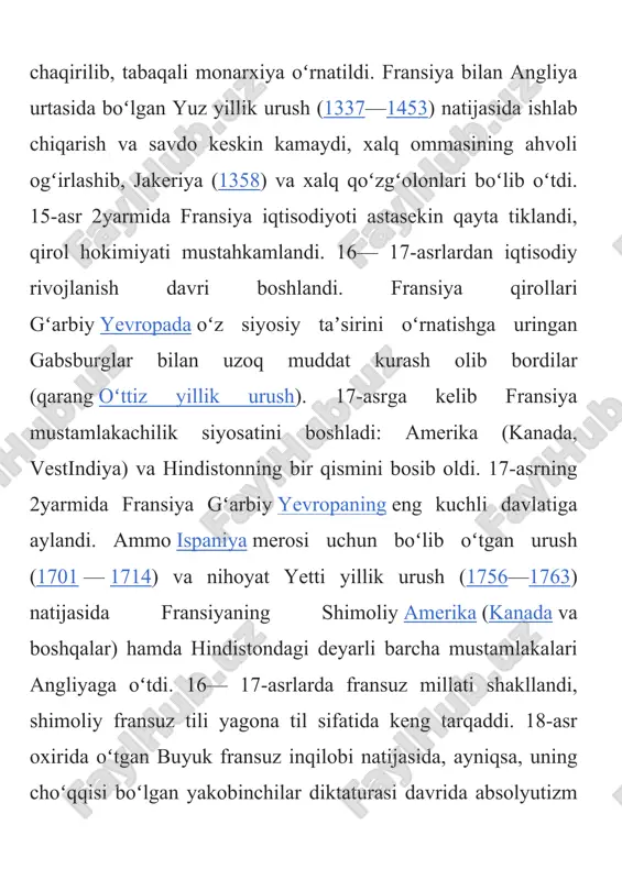 i. 1875-yil milliy majlis tomonidan uchinchi respublika (1870— 1940) konstitutsiyasi kabul qilindi. 19-asr oxiriga kelib, fransiya mustamlakachilik imperiyasi koʻlami va iqtisodiy ahamiyati jihatidan buyuk britaniyadan soʻng 2oʻringa chiqdi. 20-asr boshlarida fransiya sanoati tez surʼatda rivojlandi, lekin u birinchi jahon urushigacha agrarindustrial mamlakat boʻlib qolaverdi. fransiya bilan olmoniya oʻrtasidagi ziddiyatlar kuchayishi sababli 1891—1893-yillarda fransiya — rossiya ittifoqi tashkil topdi. bu ittifoq 1904 y.gi fransiya— buyuk britaniya bitimi bilan antantanp tashkil etishda muhim rol oʻynadi. fransiya birinchi jahon urushi (1914—1918)da qatnashdi. olmoniyaning urushdagi harbiy magʻlubiyatidan foydalanib, fransiya yevropada oʻzining hukmronligini oʻrnatishga harakat qildi. 30-yillardagi jahon iqtisodiy boʻhroni fransiyada boshqa mamlakatlarga nisbatan kechroq boshlandi va uzoqroq davom etdi. mamlakatda fashistik guruhlar faollasha boshladi. fashizm xavfiga qarshi fransiyadagi demokratik kuchlar xalq frontiga uyushib, harakat qildilar (1935). 1936-yil iyunda xalq fronti madadiga tayangan hukumat tuzildi. 1938-yil boshlarida reaksiya kuchlari xalq frontiga rahna solib, yangi xukumat tuzishga muvaffaq boʻldilar. 1939-yil 3-sentabrda fransiya olmoniyaning fransiya ittifoqchisi boʻlgan …