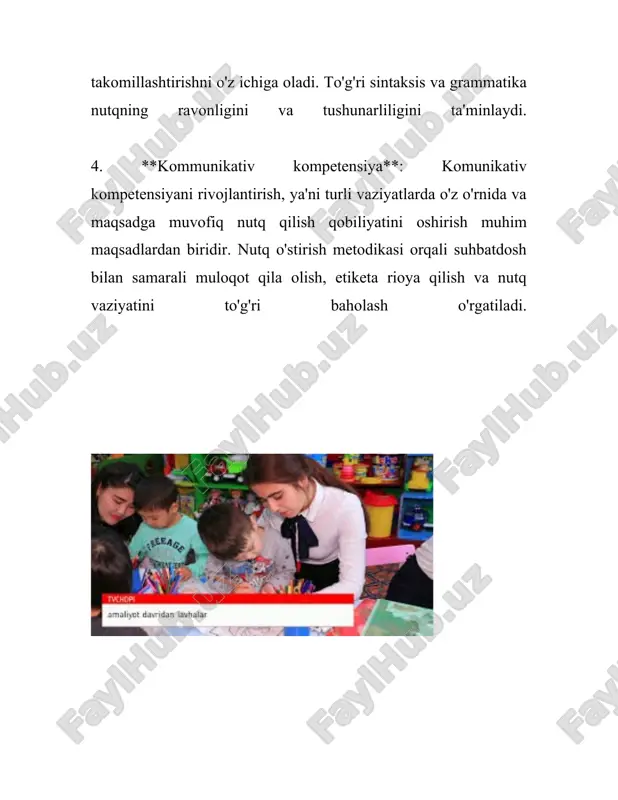 o‘rganishga doir vaziyatlar, insholar yozish va ular ustida muhokamalar bu jarayonni osonlashtiradi. 5. **madaniyatlararo kommunikatsiyani oshirish**: nutq o‘stirishda madaniyatlararo farqlarni tushunish va ularga moslashish ham muhim hisoblanadi. til o‘rganuvchilari turli madaniyatlarning kommunikatsiya shakllarini o‘rganadilar, bu esa ularning boshqa xalqlar bilan samarali muloqot qila olishlariga yordam beradi. bunda, til o‘qitish metodika o‘qitishda nafaqat lingvistik, balki madaniy elementlar ham kiritiladi. 6. **jamoat oldida so‘zlash ko‘nikmalarini shakllantirish**: jamoat oldida so‘zlash nutq o‘stirishdagi muhim qadamdir, va bu o‘rganuvchiga o‘z fikrlarini omma oldida aniq va ta'sirchan ifoda qilish imkonini beradi. seminarlar, tadbirlar va prezentatsiyalar bunday ko‘nikmalarni rivojlantirishda foydali bo‘ladi. yuqoridagi barcha vazifalar birgalikda nutqqa bo'lgan talablaringizni to'laqonli va samarali qondiradigan nutq o'stirish jarayonini tashkil etadi. hozirgi davrda til o‘rganish jarayonlarida texnologiya va yangi metodlardan foydalanish bu jarayonlarni yanada qulay va samarali qiladi. nutq o‘stirishda zamonaviy dasturlar va platformalar til o‘rganishni interaktiv va qiziqarli qiladi. 3. yozma nutq o'stirish usullari yozma nutq o'stirishning usullari haqida ma'lumot: …