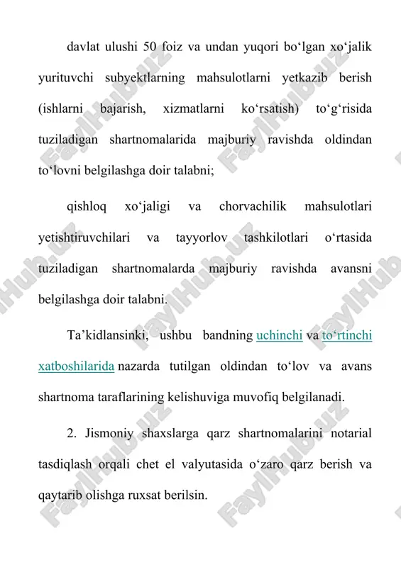 ning elektron tijoratda elektron savdo maydonchalari orqali mahsulotlar oldi-sotdisi amalga oshirilayotganda va boshqa sohalarda bitimlar tuzishda eskrou tizimini joriy etish to‘g‘risidagi taklifi ma’qullansin. 7. fermer xo‘jaliklari va tayyorlov tashkilotlariga kontraktatsiya shartnomalarini axborot tizimlaridan foydalangan holda elektron shaklda tuzish va ro‘yxatdan o‘tkazish tavsiya etilsin. qishloq xo‘jaligi vazirligi axborot texnologiyalari va kommunikatsiyalarini rivojlantirish vazirligi bilan birgalikda uch oy muddatda kontraktatsiya shartnomalarini axborot tizimlaridan foydalangan holda elektron shaklda tuzish va ro‘yxatdan o‘tkazish uchun zarur shart-sharoitlarni yaratsin. 8. oliy sud sudlar tomonidan shartnomaviy-huquqiy munosabatlardan kelib chiqadigan nizolarni ko‘rib chiqishda hamda shartnomalar shartlarini sharhlashda qonunchilik hujjatlarini qo‘llash bo‘yicha sud amaliyotini tizimli ravishda, lekin kamida yarim yilda bir marta, tahlil qilsin va natijasi yuzasidan yagona huquqni qo‘llash amaliyotini shakllantirish uchun sudlarga tegishli ko‘rsatmalar berib borsin. 9. davlat boshqaruvi organlari, mahalliy ijro etuvchi hokimiyat organlari hamda kommunal soha va boshqa shu kabi sohalarda aholiga tovarlar yetkazib berish va xizmatlar ko‘rsatishni amalga oshiruvchi davlat korxonalari ikki oy muddatda …