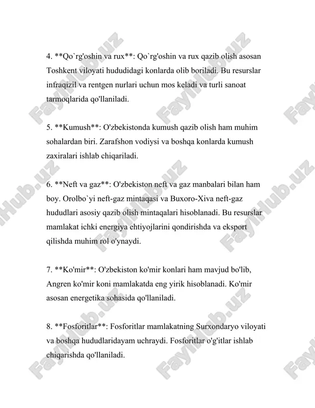 tolarni tayyorlash jarayonida qo'llaniladi. kvars bilan ishlov berilgan matolar odatda chidamli va uzun muddatli bo'ladi. kvarsning yillik ishlab chiqarish miqdori dunyo bo'ylab taxminan 70 million tonnani tashkil etadi. yuqoridagilar to'qimachilik sanoatida keng qo'llaniladigan asosiy foydali qazilmalardir. ushbu minerallar mato sifatini yaxshilash, rangni barqarorlashtirish, atrof-muhit ta'sirlariga chidamliligini oshirish kabi maqsadlarda ishlatiladi. to'qimachilik sanoati ushbu foydali qazilmalar orqali o'z mahsulot sifatini va bozordagi raqobatbardoshligini oshiradi. shu bilan birga, sifatli va uzoq muddatli matolar, kiyim-kechaklar ishlab chiqarish imkoniyatlarini kengaytiradi. 3. o'zbekistonning oltin konlari o‘zbekiston oltin konlari boyligi bo‘yicha dunyodagi yetakchi mamlakatlardan biri sanaladi. o‘zbekistondagi ko‘plab yirik konlar mamlakat iqtisodiyotiga katta hissa qo‘shib kelmoqda. mamlakat oltin zaxiralarining asosiy qismi navoiy viloyatida joylashgan. quyida o‘zbekistonning oltin konlari haqida batafsil ma’lumot beriladi. 1. **muruntov**. o‘zbekistondagi eng yirik oltin koni bo‘lgan muruntov jahonda ham eng yiriklardan biri hisoblanadi. uning zaxiralari 1700 tonnadan oshadi. muruntov koni 1967-yilda kashf etilgan va hozirgi kunda navoiy kon-metallurgiya kombinati tomonidan ishlov berilmoqda. …