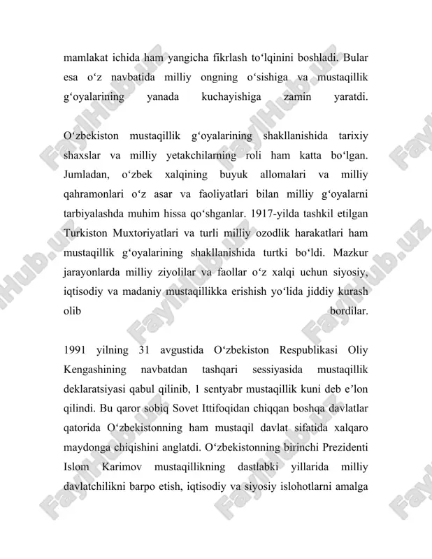 illiy suverenitet va boshqa tamoyillar mustahkamlab qo‘yilgan. 1993-yilda, oʻzbekiston o'zining milliy valyutasi — so'mni muomalaga kiritdi. bu iqtisodiy mustaqillik yoʻlida qoʻyilgan muhim qadam edi. 1990-yillardan boshlab, oʻzbekiston mustaqillik harakatining muhim voqealari jahon hamjamiyatida keng e'tirof etildi. davlat taraqqiyoti uchun qator ijtimoiy-iqtisodiy va siyosiy islohotlar amalga oshirildi. jumladan, sanoat, qishloq xo'jaligi, ta'lim va sog'liqni saqlash sohalarida tub o'zgarishlar amalga oshirildi. mustaqillik davrida, oʻzbekistonning tashqi siyosiy aloqalari kengaytirildi. davlatlararo diplomatik va iqtisodiy munosabatlarni rivojlantirish orqali o'zbekiston o'zining xalqaro maydondagi mavqeini mustahkamladi. 2000-yillarga kelib, oʻzbekiston umumjahon savdo tashkiloti (wto)ga aʼzo boʻlish jarayoniga kirishdi. umuman olganda, o'zbekiston mustaqillik harakati tarixiy jarayon sifatida milliy ong va davlat mustaqilligini shakllantirishda muhim rol o'ynadi. bu jarayon xalqning birligi va davlatning suverenligini ta'minlashda muhim qadamlar qo'yilishiga sabab bo'ldi. yillar davomida o'z rivojlanish yo'lini tanlagan o'zbekiston, bugungi kunda mustaqil va suveren davlatchilik asoslarini mustahkamlay olgan jamiyat sifatida namoyon bo'lmoqda. 3. jadidchilik harakati va mustaqillik jadidchilik harakati oʻzbekiston va butun …