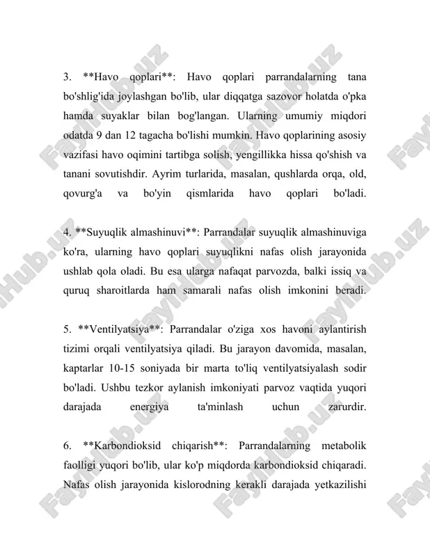 kislorod o‘zlashtirish imkonini beradi. - **maxsus struktura**: havo qoplarga ega bo‘lish, bu tizimning samaradorligini oshiradi, chunki imkon berilgan havo ikkala nafas olish va chiqarish davomida doimiy oqim orqali quartz hosil qiladi. parrandalarning nafas olish tizimi ularga uchish qobiliyatini taqdim etadi va yuqori samarali havo almashtirishi mosligini ta’minlaydi. bu organlar nafas olish paytida havo oqimini tartibga soladi va har bir nafas olish jarayonida yangi kayfiyatli kislorodni olishga yordam beradi. 3. ikkilamchi nafas olish jarayoni ikkilamchi nafas olish jarayoni, ya'ni qisqa muddat davomida paydo bo'ladigan va ko‘p hollarda tabiiy ravishda o‘z-o‘zidan yo‘qoladigan nafas olishning buzilishi holati. u ko‘pincha chaqaloqlar va kichik yoshdagi bolalarda uchraydi, lekin ba'zan kattalarda ham kuzatilishi mumkin. ikkilamchi nafas olish jarayonining sabablari ko‘plab omillarga bog‘liq bo‘lishi mumkin. bular orasida asab tizimidagi muammolar, nafas olish yo‘llarining torayishi, yuqumli kasalliklar, allergik reaktsiyalar va atrof-muhit ta'siri kiradi. bolalarda esa odatda nafas olish yo‘llari hosilalarining rivojlanishi yoki ularning tariflanmasligi sabab bo‘ladi. mos ravishda, …