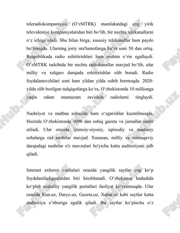 i qonun:** reklama mahsulotlarini, shu jumladan ommaviy axborot vositalarida reklama joylashtirishni tartibga soladi. reklama axborotlarining haqqoniyligi va halolligi ta'minlanishi lozim. o'zbekiston respublikasi prezidenti administratsiyasining matbuot xizmati va axborot texnologiyalari va kommunikatsiyalarini rivojlantirish vazirligi oav faoliyatini nazorat va muvofiqlashtirish vazifasini bajaradi. shu bilan bir qatorda, oav bo'yicha davlat inspeksiyasi va axborot va ommaviy kommunikatsiyalar agentligi kabi muassasalar ham sohada faoliyat yuritadi. sohaga oid statistik ma'lumotlarga kelsak, 2022-yil holatiga ko'ra o'zbekiston respublikasida ro'yxatga olingan oavlarning soni 1800dan ortiq tashkilotlarni tashkil etdi. bundan ortiqcha qismini bosma nashrlar, qo'gan qismini esa elektron oav va internet nashrlar tashkil qiladi. axborot maydonining global o'zgarishlari va raqamlashtirish bosqichining rivojlanishi sharoitida o'zbekiston hukumati oav huquqiy me'yorlarini doimiy ravishda yangilash, ularni xalqaro standartlar va amaliyotlarga moslashtirish ustida ish olib boradi. shu bilan birga, axborot olish va tarqatish erkinligi borasida sa'y-harakatlarni yanada faollashtirish zarurligi ham kun tartibidagi muhim masalalardan biridir. shu nuqtai nazardan, o'zbekiston hukumati xalqaro hamkorlik doirasida bir necha …