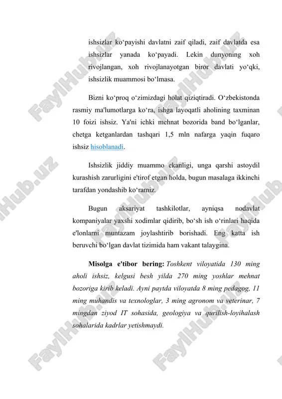 adida, xizmatchilarning asosiy lavozimlari va ishchilar kasblari klassifikatorida tegishli o‘zgartirishlar kiritilib, 2 035ta kasblarga bo‘lgan talablar oliy ma'lumotdan o‘rta ma'lumotga tushirildi. bundan tashqari, oliy ma'lumot talab etadigan bo‘sh ish o‘rinlariga nomzodning talab etiladigan ma'lumoti bo‘lmasa-da, lekin amaliy ko‘nikma va tajribasi mavjud bo‘lsa, malakani baholash markazlarida imtihon topshirib, ularning guvohnomasi bilan ishga kirishi mumkin. ishchi kasblar bo‘yicha yaxshi mutaxassislarga talab va ularning ish haqi darajasi ham oshmoqda. kasblar bo‘yicha hisobchi — 8,4 ming (3,6 foiz), haydovchi — 8,6 ming (3,7 foiz), tikuvchi — 7,4 ming (3,2 foiz), maktabgacha ta'lim muassasalarida tarbiyachi va tarbiyachi yordamchisi — 5,7 ming (2,4 foiz), muhandis — 3,1 ming (1,3), chilangar — 3,8 ming (1,6 foiz), oshpaz — 2,4 ming (1 foiz), duradgor — 4,9 ming (2,1 foiz), sotuvchi 2,1 ming (1 foiz) va hokazolarga talab mavjud. 2.2. farg’ona ishsizlik statistikasi. farg'ona viloyati hududlari bo‘yicha iqtisodiy faol aholi, bandlar va ishsizlar soni tartib raqami yillar farg’ona viloyati …